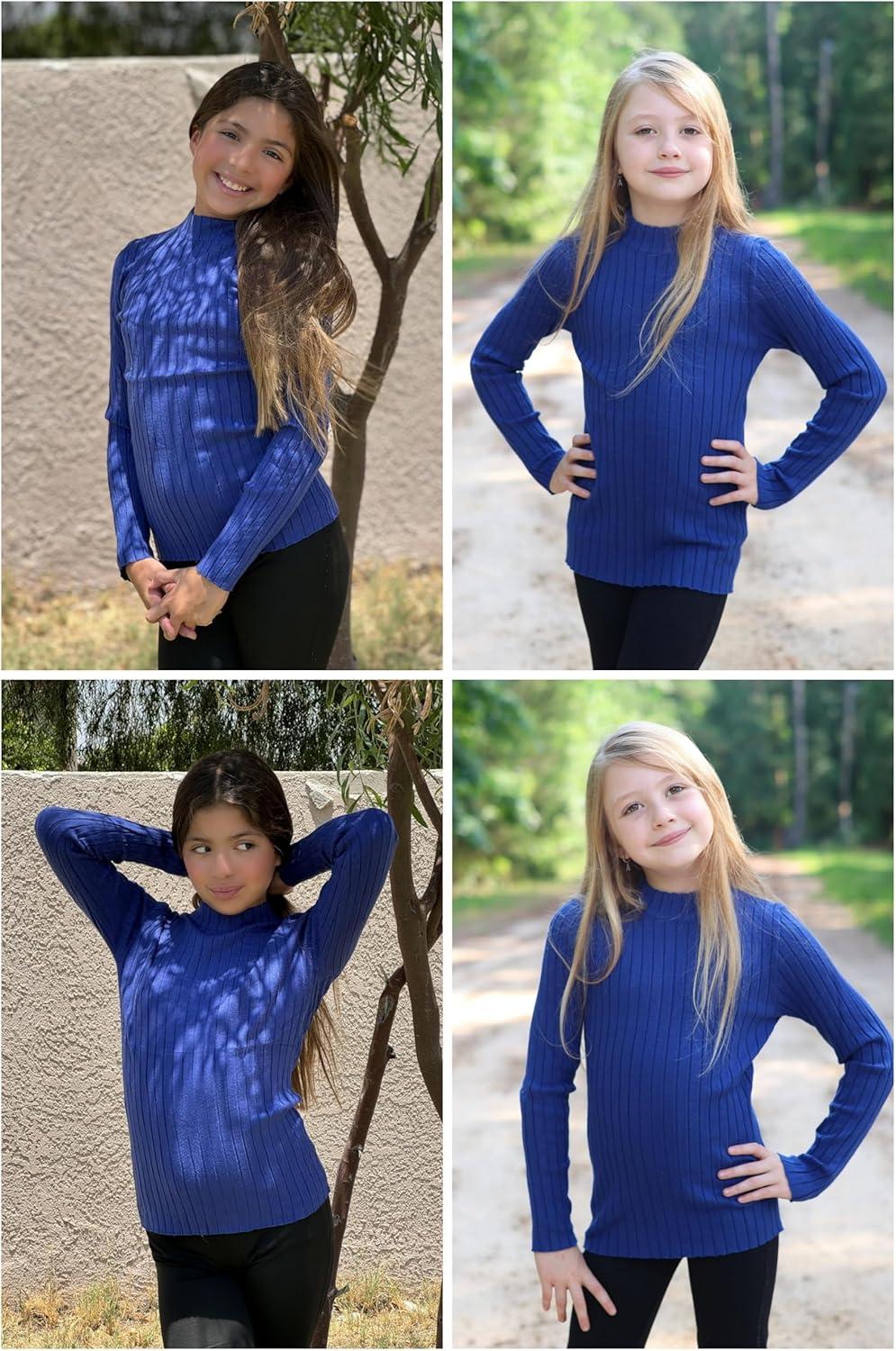 imageArshiner Girls Shirts Half Turtleneck Long Sleeve Tops Casual Knitted Slim Fit Pullover Blouse TeeSapphire Blue
