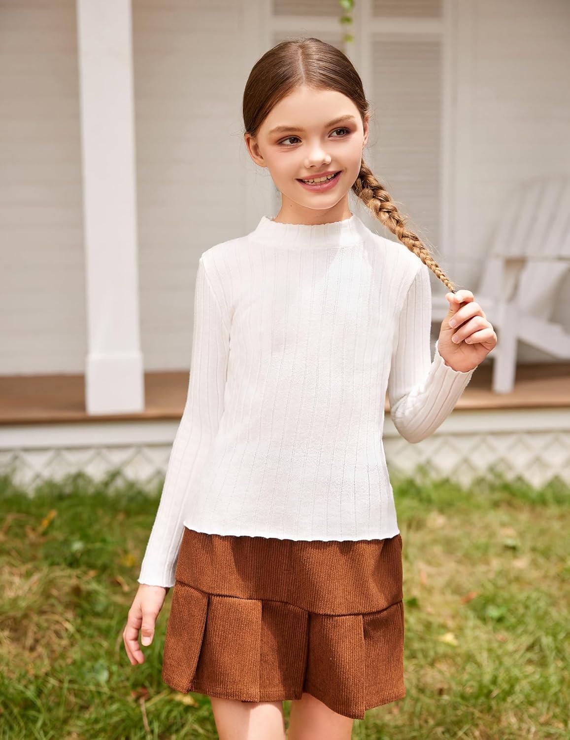 imageArshiner Girls Shirts Half Turtleneck Long Sleeve Tops Casual Knitted Slim Fit Pullover Blouse TeeWhite