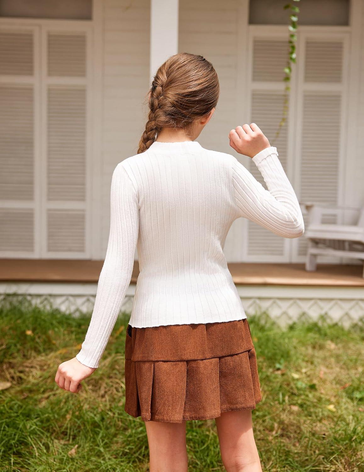 imageArshiner Girls Shirts Half Turtleneck Long Sleeve Tops Casual Knitted Slim Fit Pullover Blouse TeeWhite