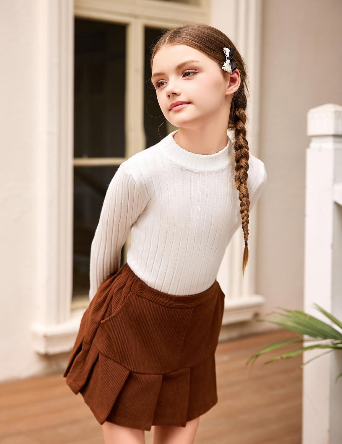 imageArshiner Girls Shirts Half Turtleneck Long Sleeve Tops Casual Knitted Slim Fit Pullover Blouse TeeWhite