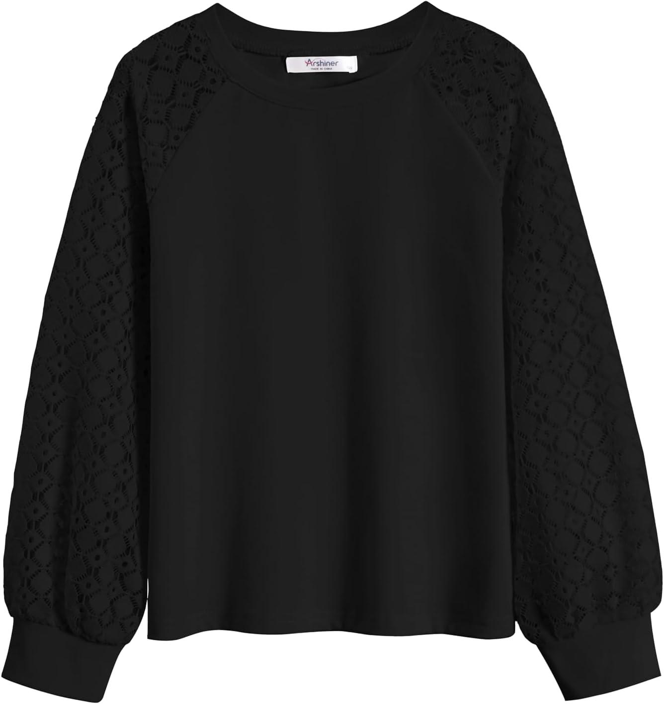 imageArshiner Girls Shirts Lace Raglan Long Sleeves Crewneck Casual Soft Kids Blouse Tee TopsBlack