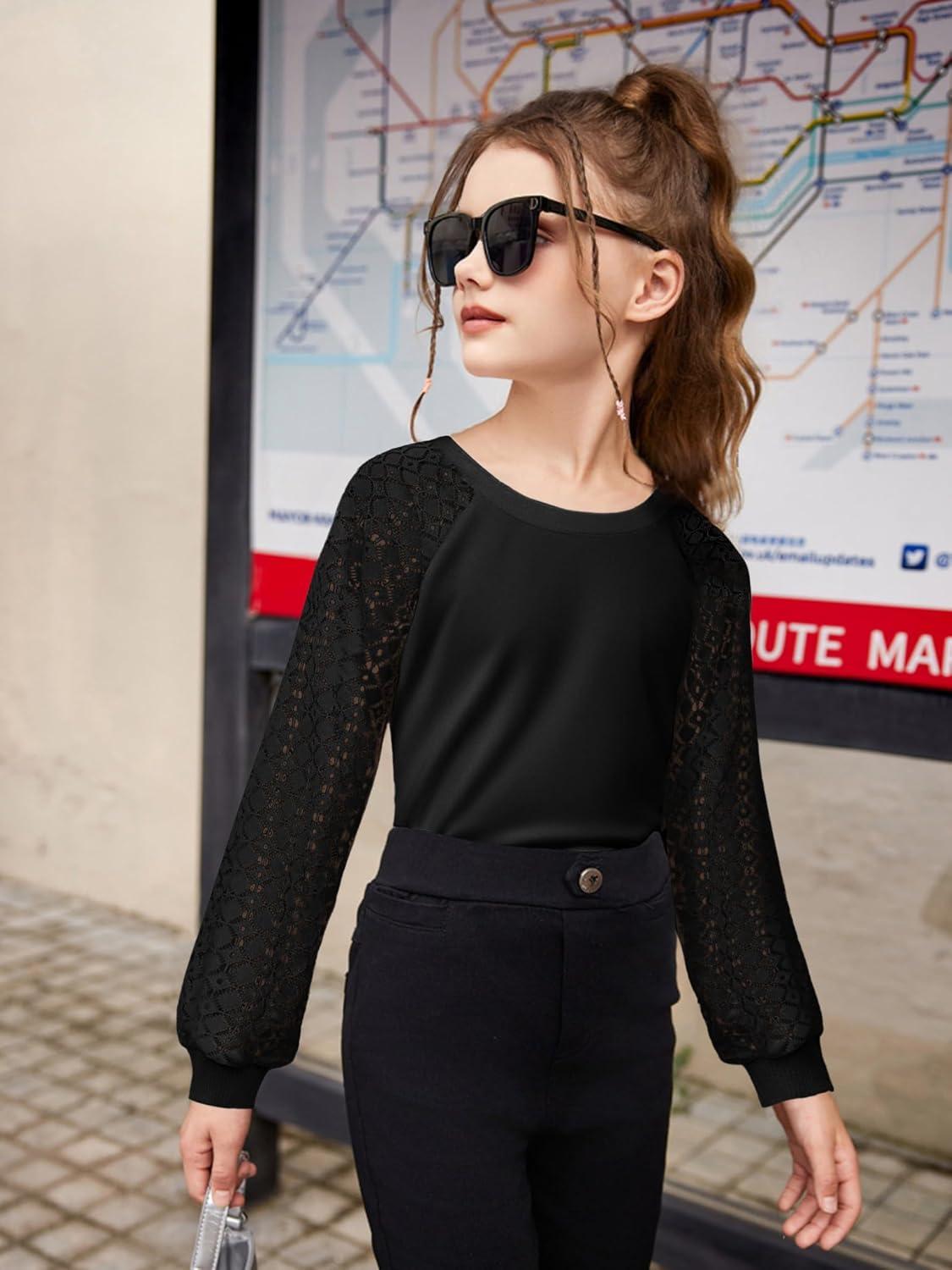 imageArshiner Girls Shirts Lace Raglan Long Sleeves Crewneck Casual Soft Kids Blouse Tee TopsBlack