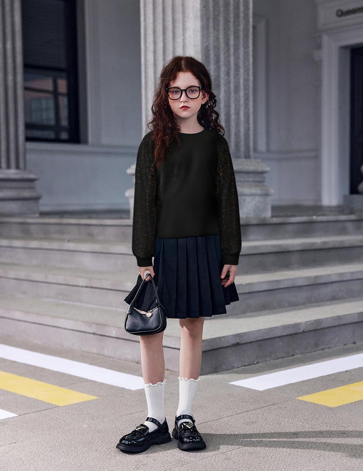 imageArshiner Girls Shirts Lace Raglan Long Sleeves Crewneck Casual Soft Kids Blouse Tee TopsBlack