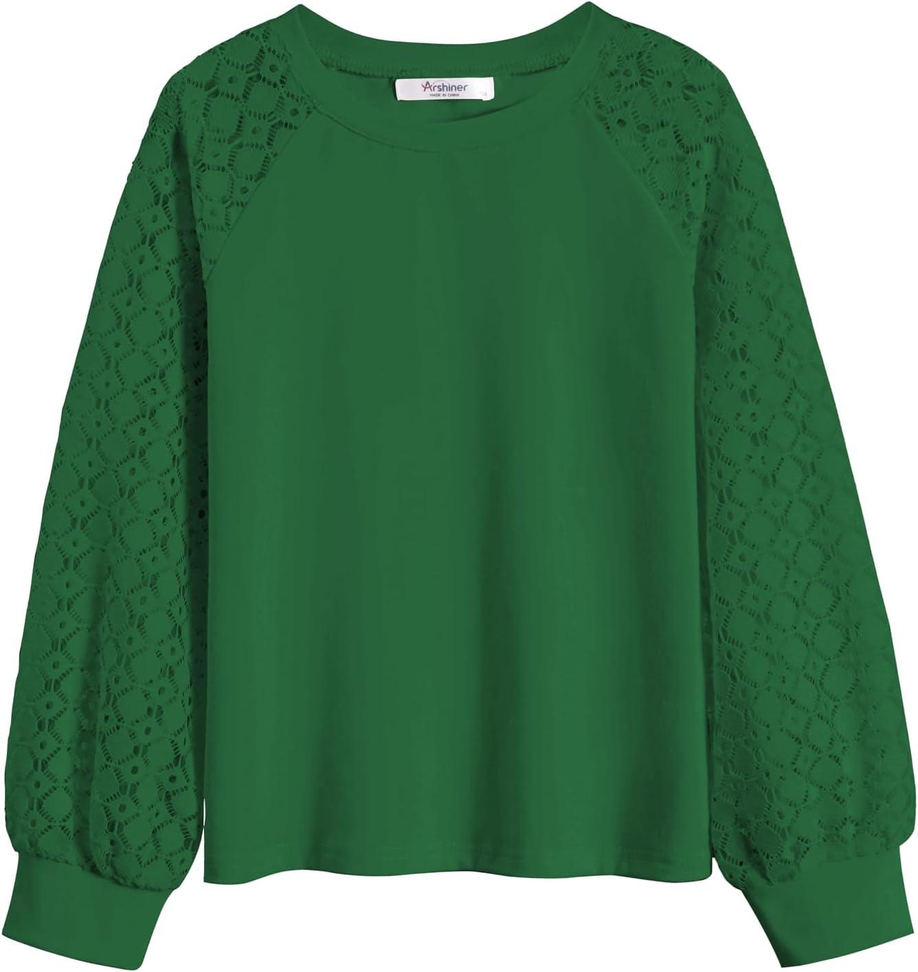 imageArshiner Girls Shirts Lace Raglan Long Sleeves Crewneck Casual Soft Kids Blouse Tee TopsGreen