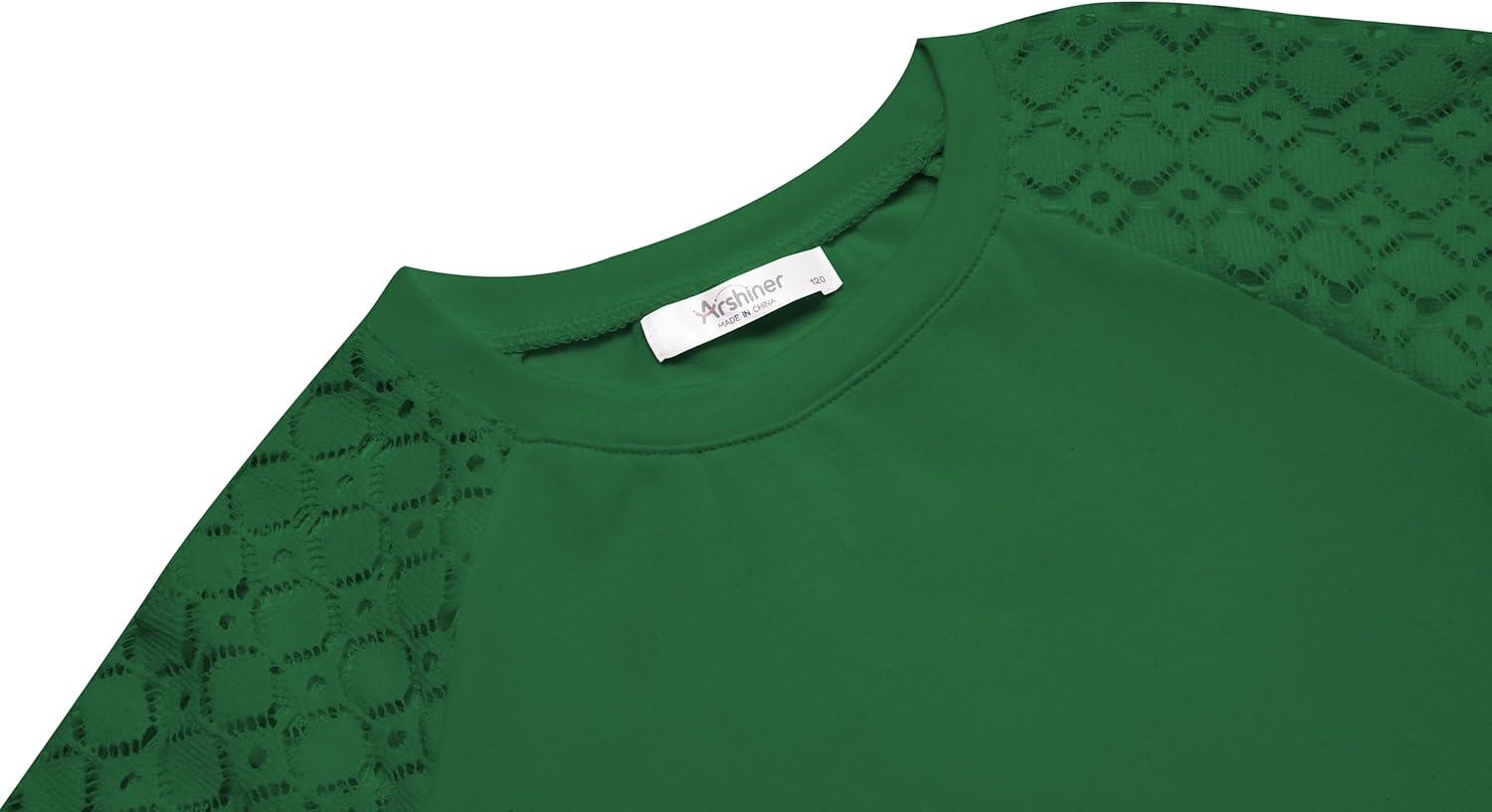 imageArshiner Girls Shirts Lace Raglan Long Sleeves Crewneck Casual Soft Kids Blouse Tee TopsGreen