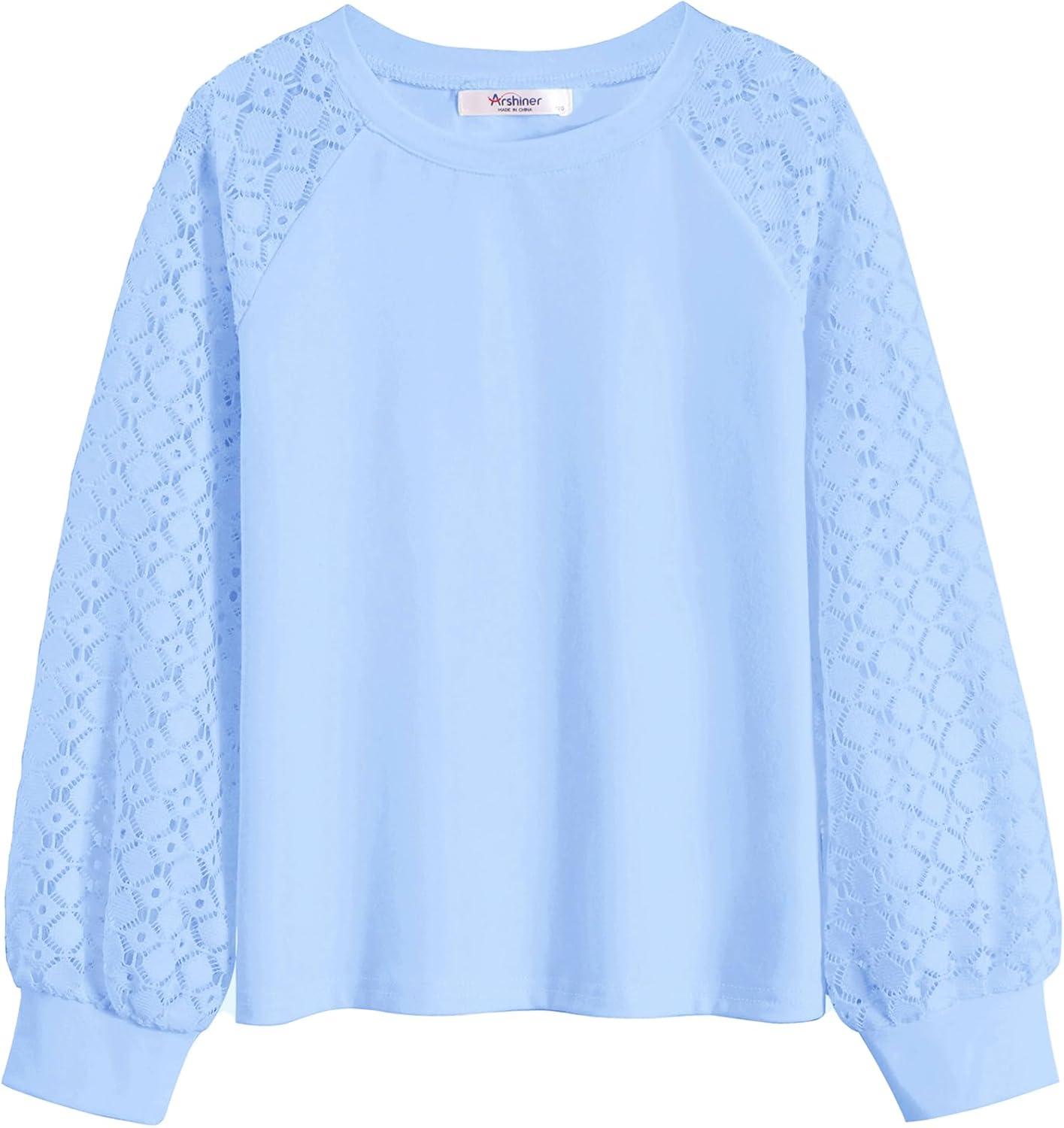 imageArshiner Girls Shirts Lace Raglan Long Sleeves Crewneck Casual Soft Kids Blouse Tee TopsLight Blue