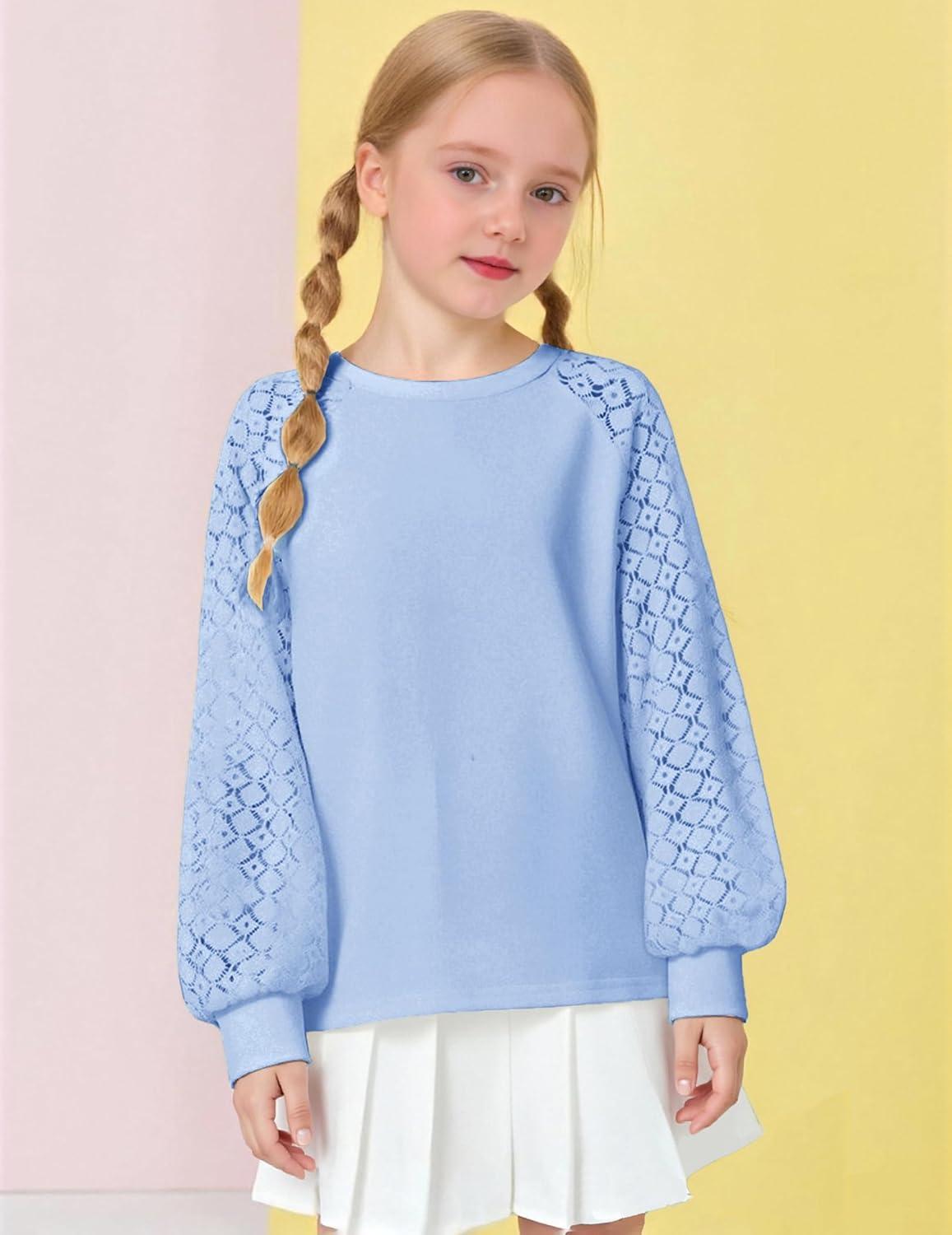 imageArshiner Girls Shirts Lace Raglan Long Sleeves Crewneck Casual Soft Kids Blouse Tee TopsLight Blue