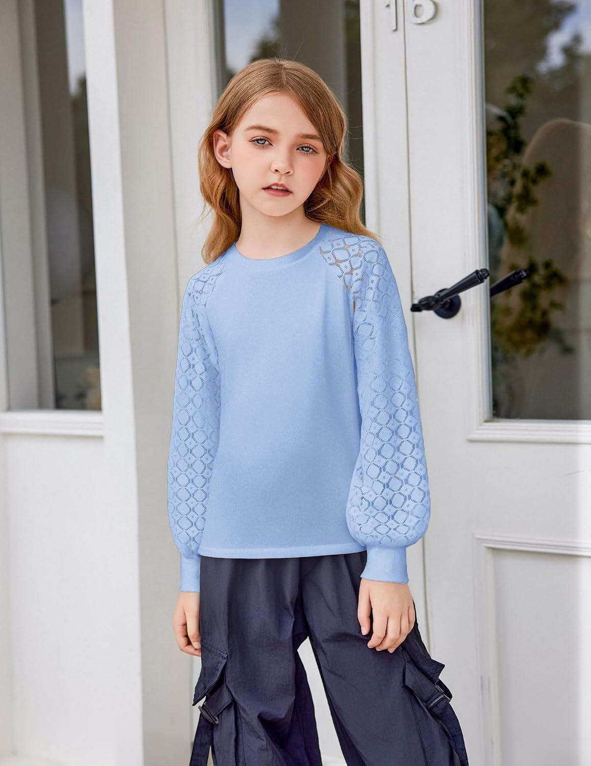 imageArshiner Girls Shirts Lace Raglan Long Sleeves Crewneck Casual Soft Kids Blouse Tee TopsLight Blue