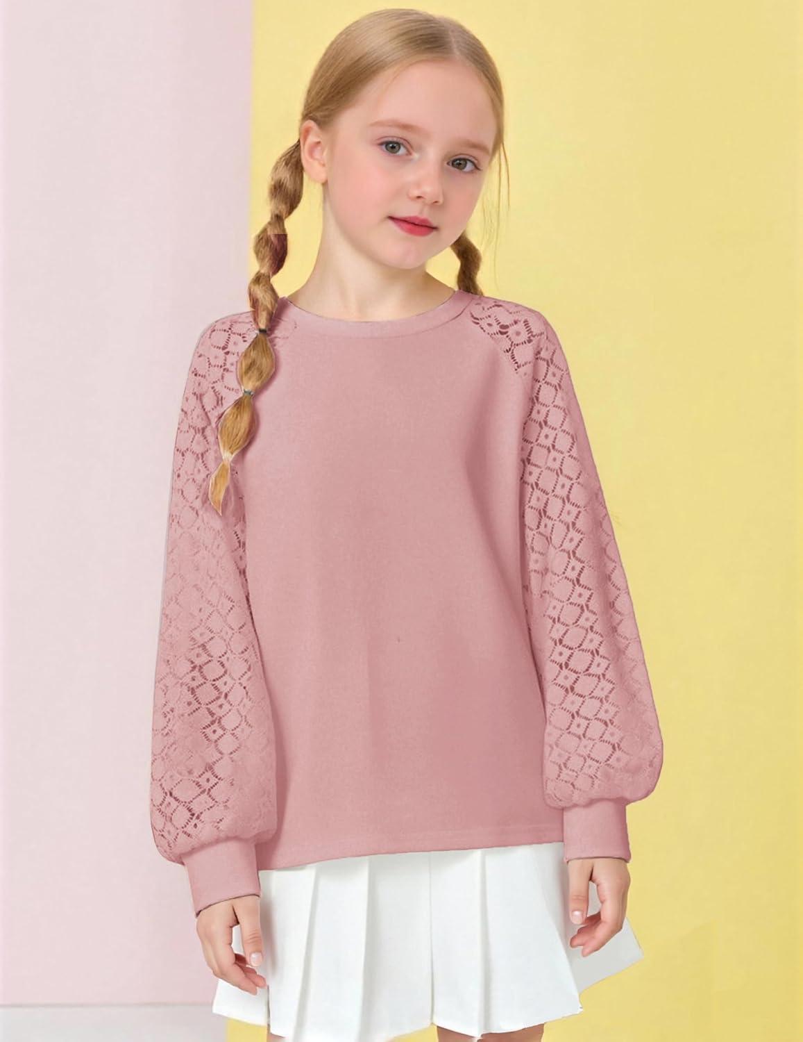 imageArshiner Girls Shirts Lace Raglan Long Sleeves Crewneck Casual Soft Kids Blouse Tee TopsLotus Root Pink