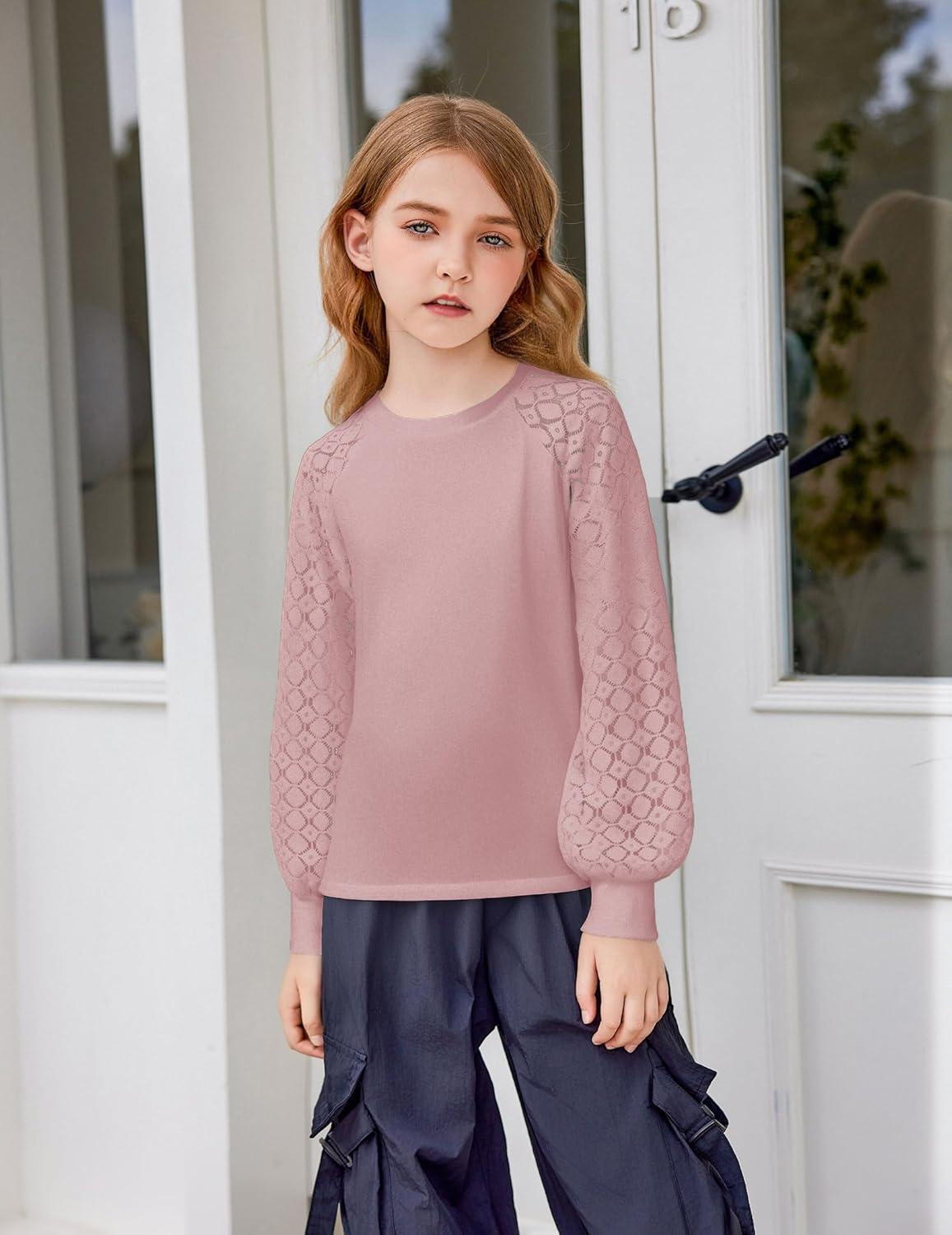 imageArshiner Girls Shirts Lace Raglan Long Sleeves Crewneck Casual Soft Kids Blouse Tee TopsLotus Root Pink