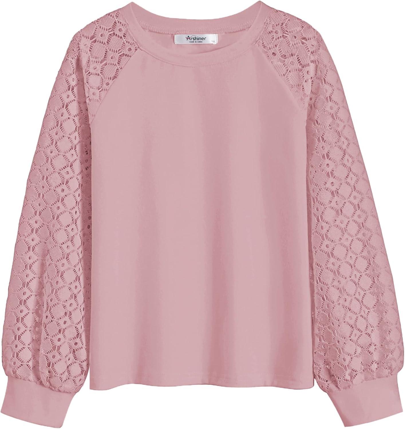 imageArshiner Girls Shirts Lace Raglan Long Sleeves Crewneck Casual Soft Kids Blouse Tee TopsLotus Root Pink