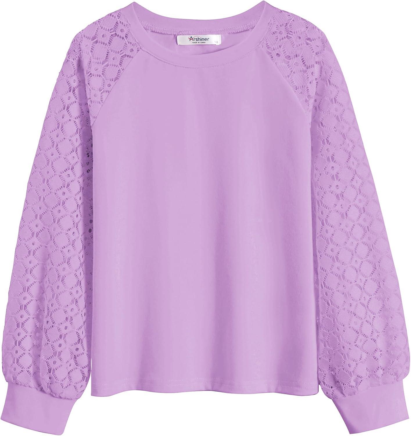 imageArshiner Girls Shirts Lace Raglan Long Sleeves Crewneck Casual Soft Kids Blouse Tee TopsPurple
