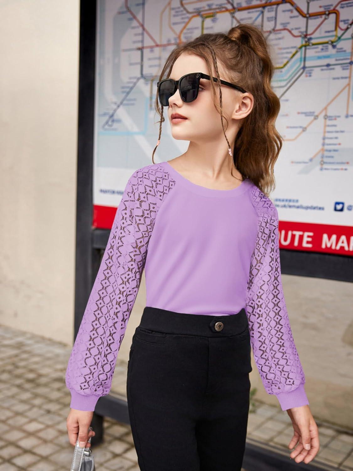 imageArshiner Girls Shirts Lace Raglan Long Sleeves Crewneck Casual Soft Kids Blouse Tee TopsPurple