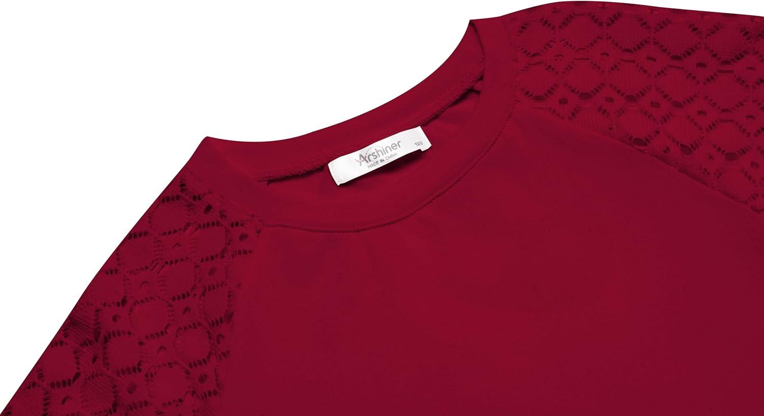 imageArshiner Girls Shirts Lace Raglan Long Sleeves Crewneck Casual Soft Kids Blouse Tee TopsRed