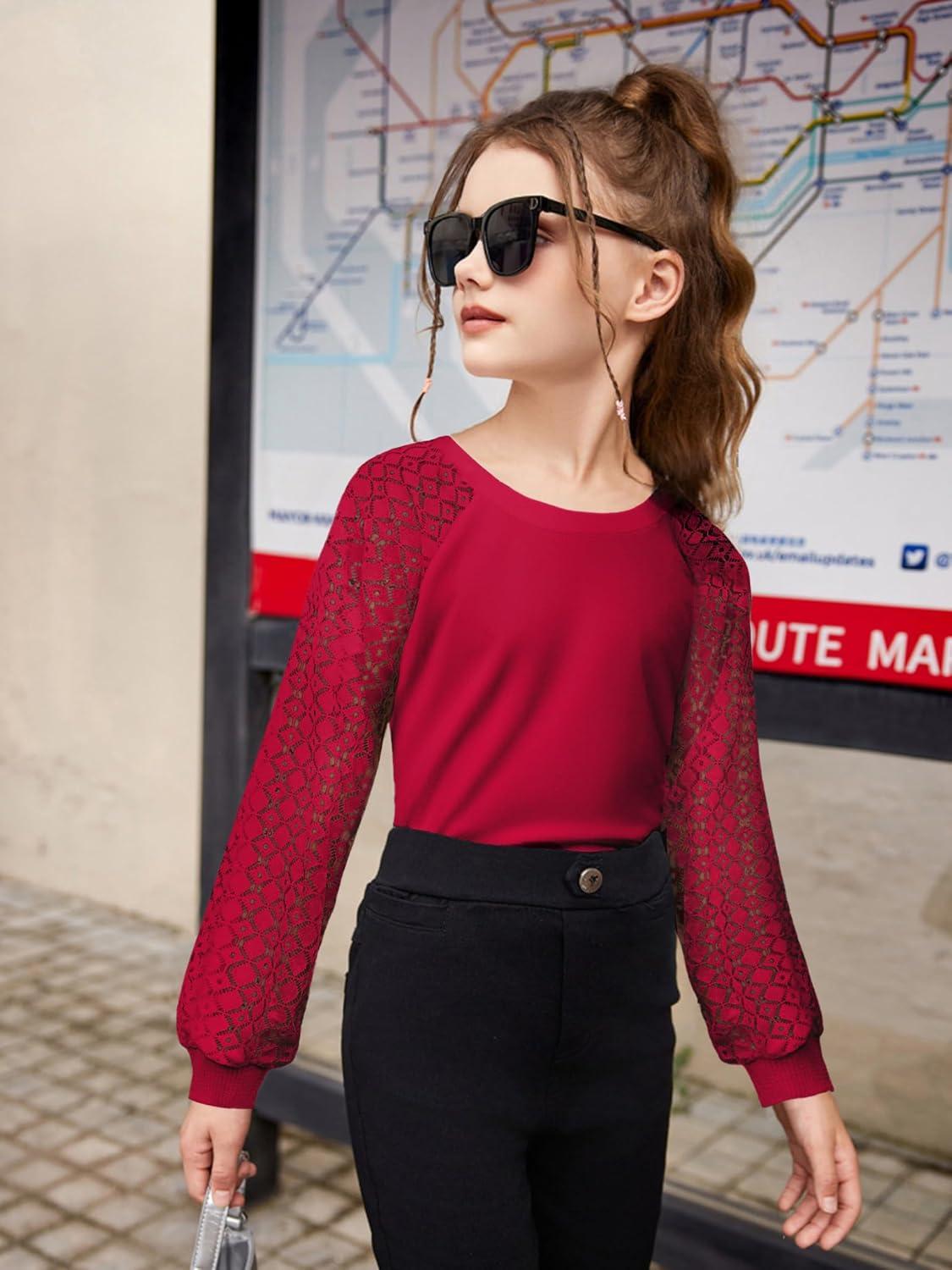 imageArshiner Girls Shirts Lace Raglan Long Sleeves Crewneck Casual Soft Kids Blouse Tee TopsRed