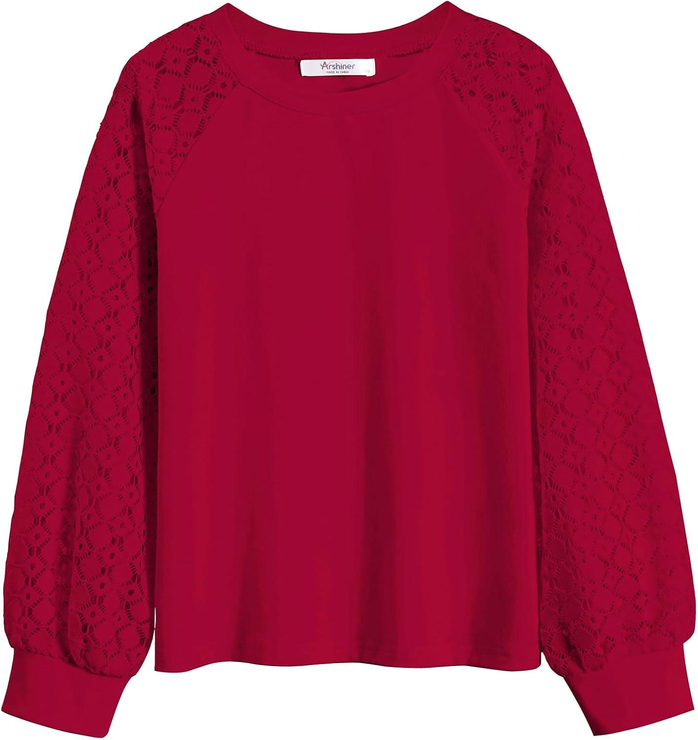 imageArshiner Girls Shirts Lace Raglan Long Sleeves Crewneck Casual Soft Kids Blouse Tee TopsRed