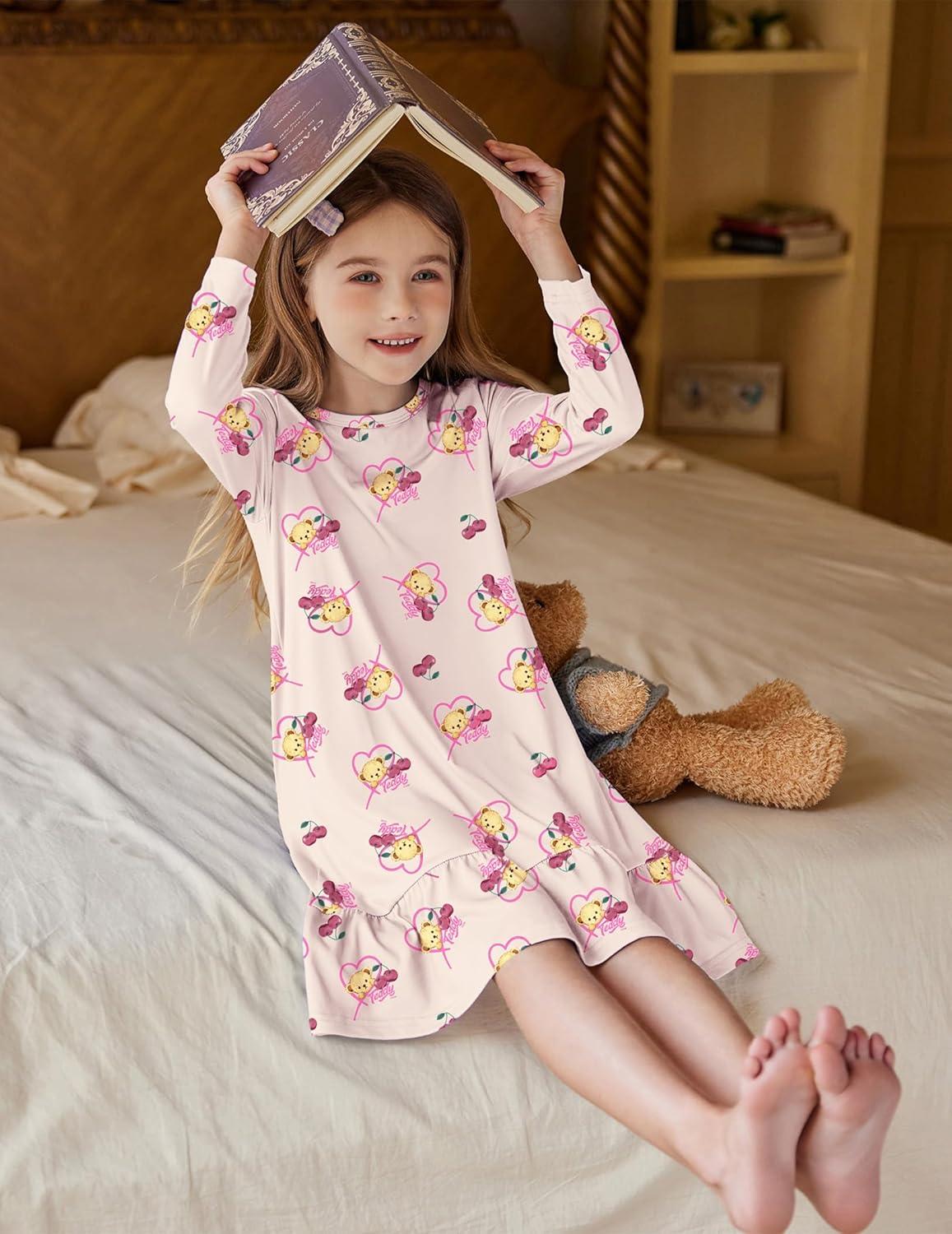 imageArshiner Girls Sleepwear Long Sleeve Cute Nightgown Nightie Pajama DressApricot Teddy