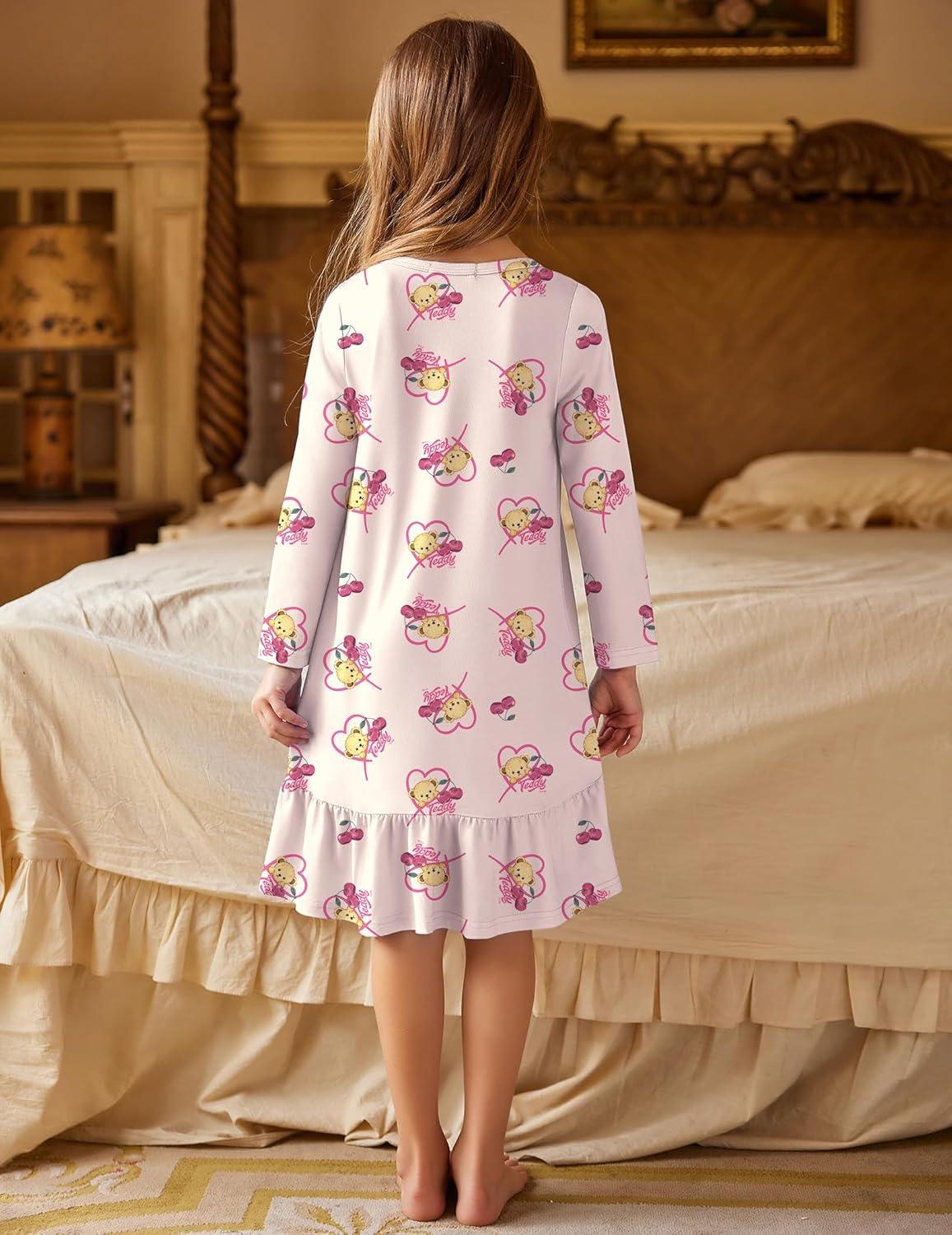 imageArshiner Girls Sleepwear Long Sleeve Cute Nightgown Nightie Pajama DressApricot Teddy