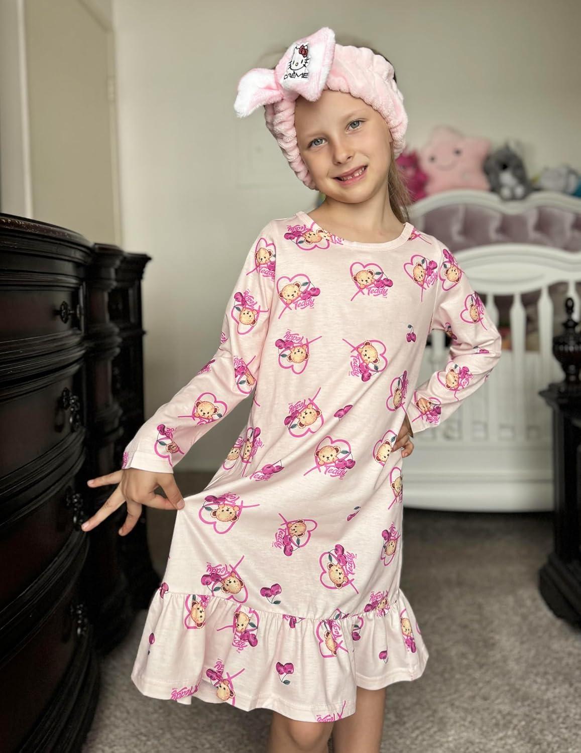 imageArshiner Girls Sleepwear Long Sleeve Cute Nightgown Nightie Pajama DressApricot Teddy