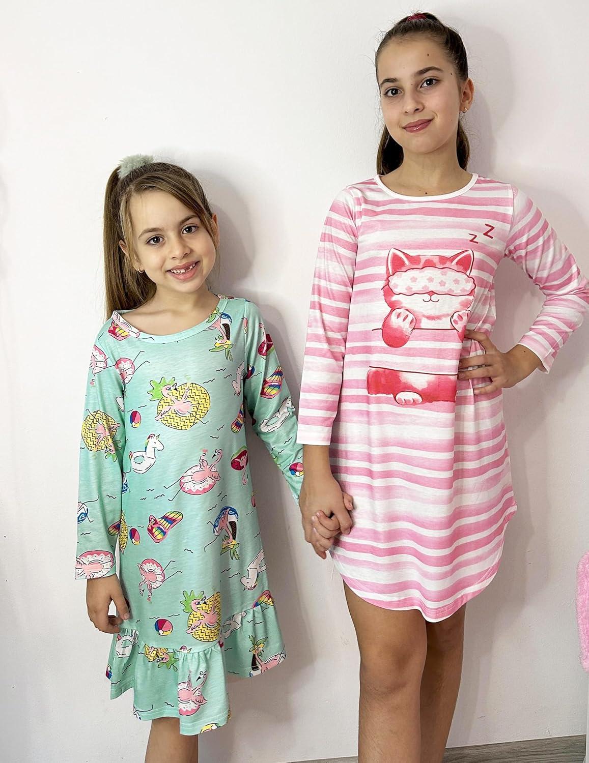 imageArshiner Girls Sleepwear Long Sleeve Cute Nightgown Nightie Pajama DressBlue Green Cartoon