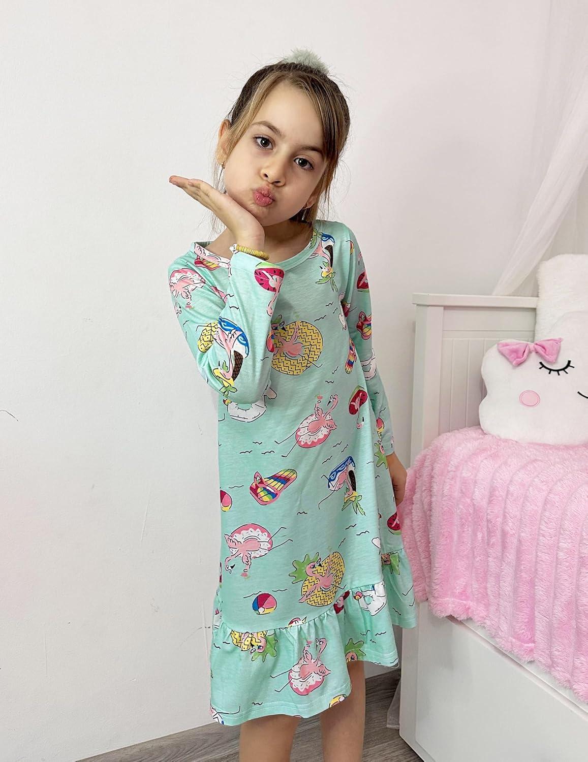 imageArshiner Girls Sleepwear Long Sleeve Cute Nightgown Nightie Pajama DressBlue Green Cartoon