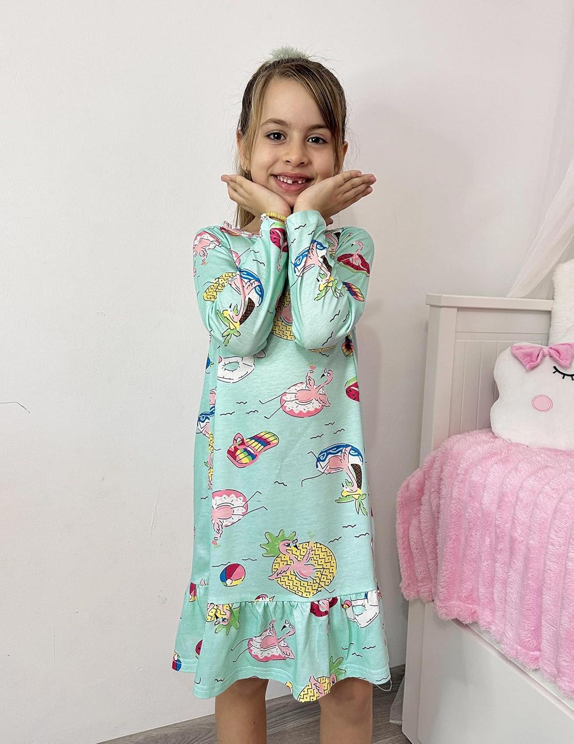 imageArshiner Girls Sleepwear Long Sleeve Cute Nightgown Nightie Pajama DressBlue Green Cartoon