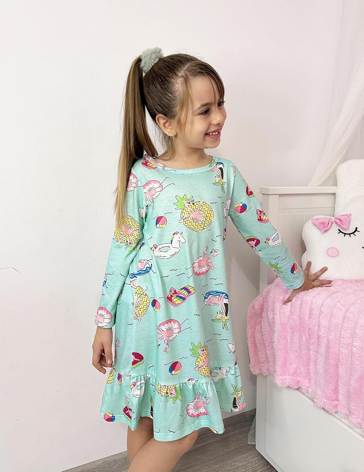 imageArshiner Girls Sleepwear Long Sleeve Cute Nightgown Nightie Pajama DressBlue Green Cartoon