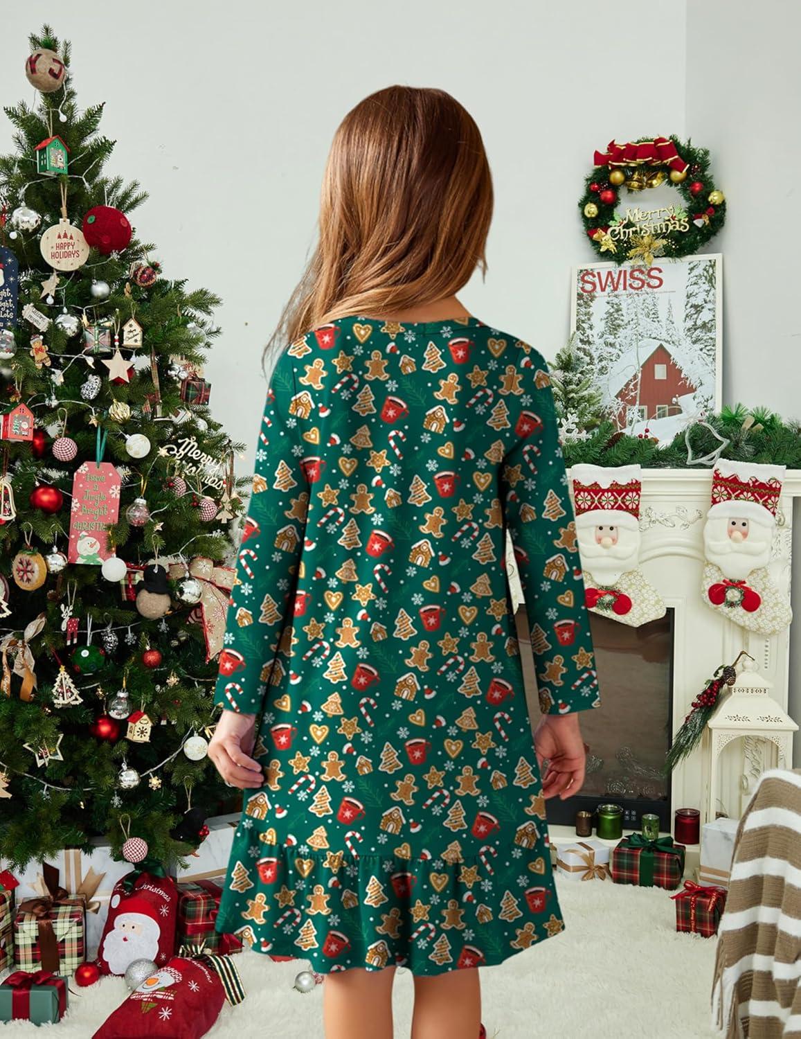 imageArshiner Girls Sleepwear Long Sleeve Cute Nightgown Nightie Pajama DressGreen Christmas