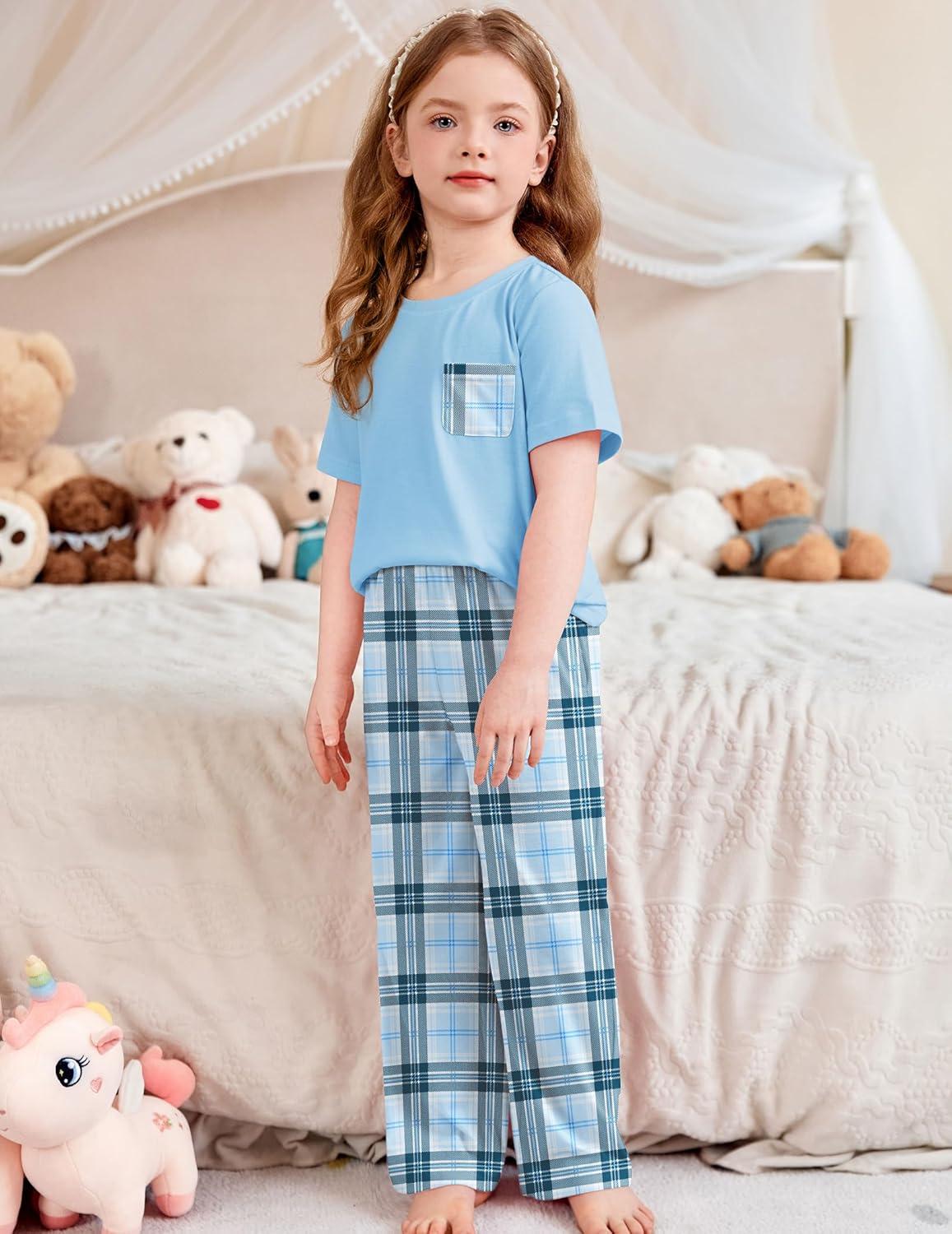 imageArshiner Girls Sleepwear Short Sleeve Long Pants Pajamas Sets Soft Loungwear for KidsBlue Plaid