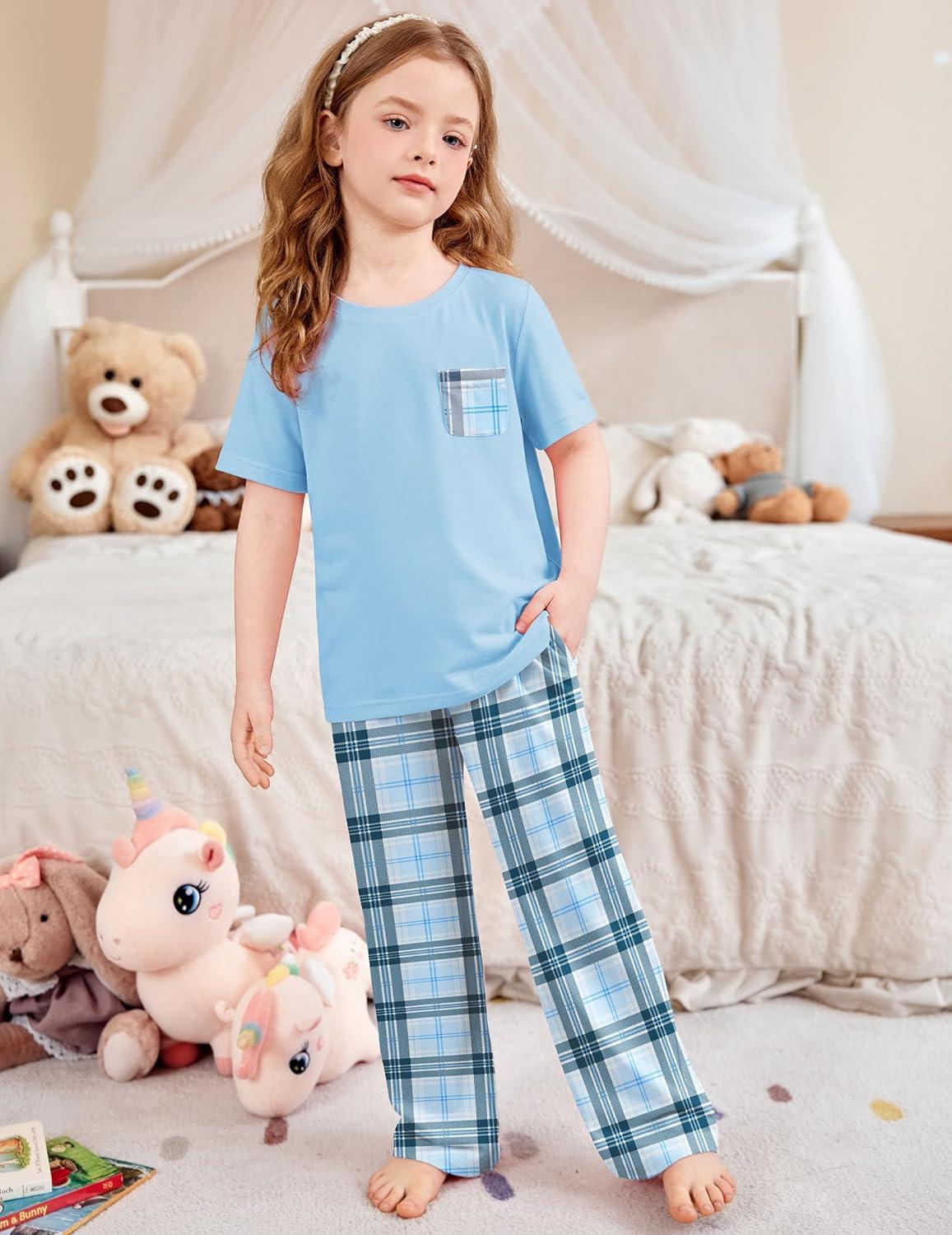 imageArshiner Girls Sleepwear Short Sleeve Long Pants Pajamas Sets Soft Loungwear for KidsBlue Plaid