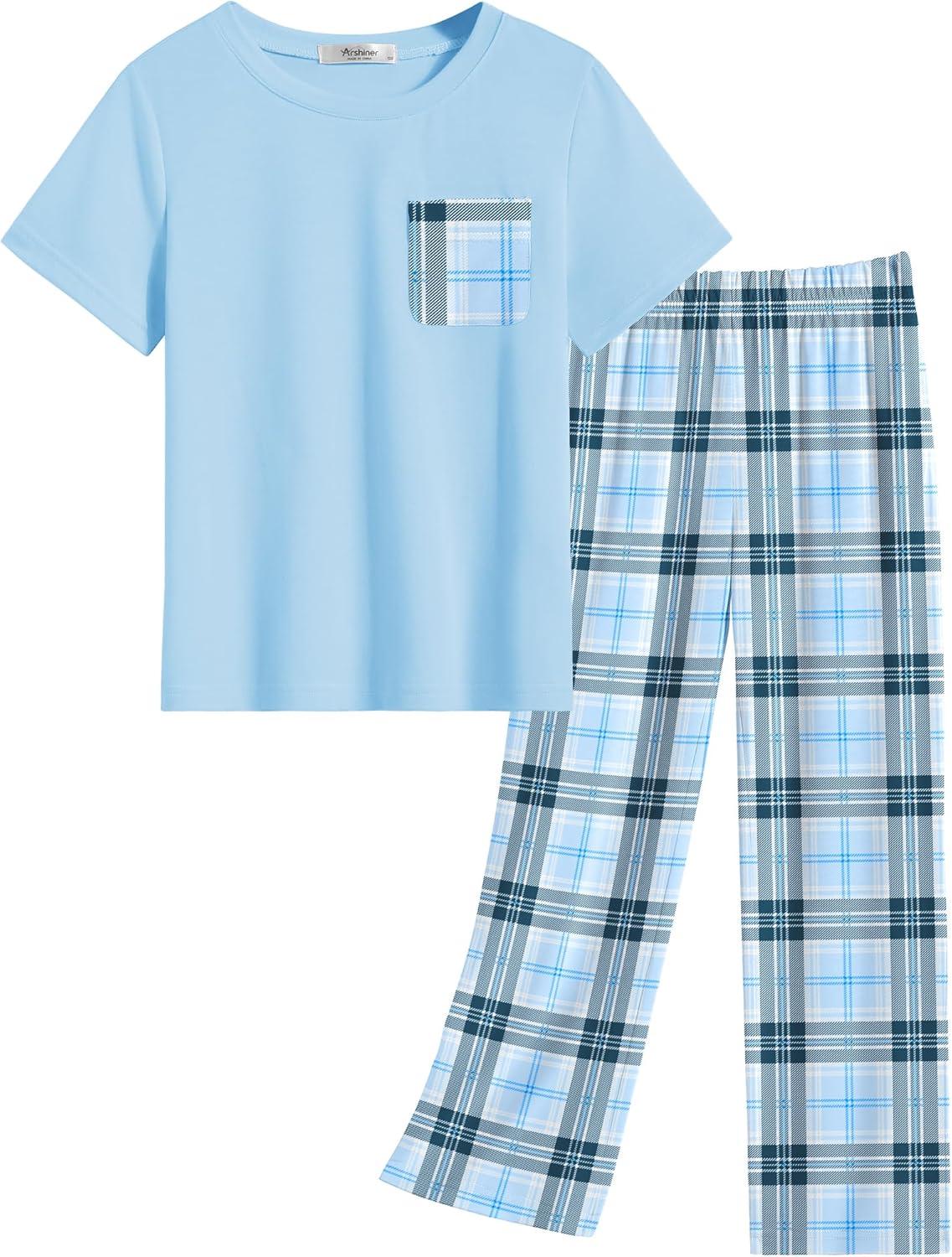 imageArshiner Girls Sleepwear Short Sleeve Long Pants Pajamas Sets Soft Loungwear for KidsBlue Plaid