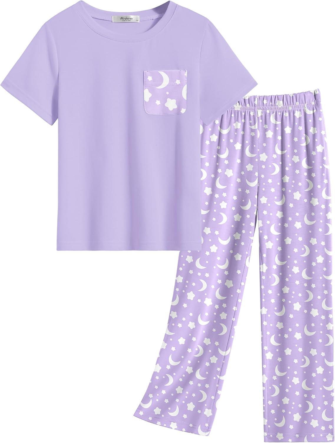 imageArshiner Girls Sleepwear Short Sleeve Long Pants Pajamas Sets Soft Loungwear for KidsPurple Star