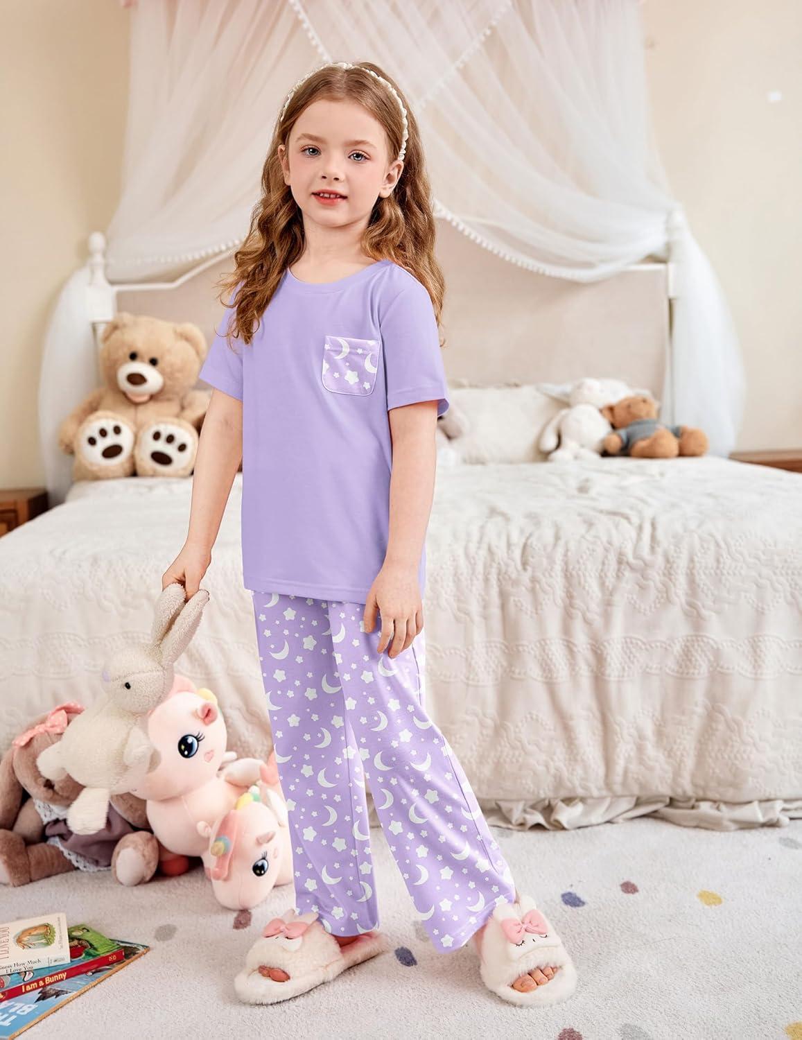 imageArshiner Girls Sleepwear Short Sleeve Long Pants Pajamas Sets Soft Loungwear for KidsPurple Star