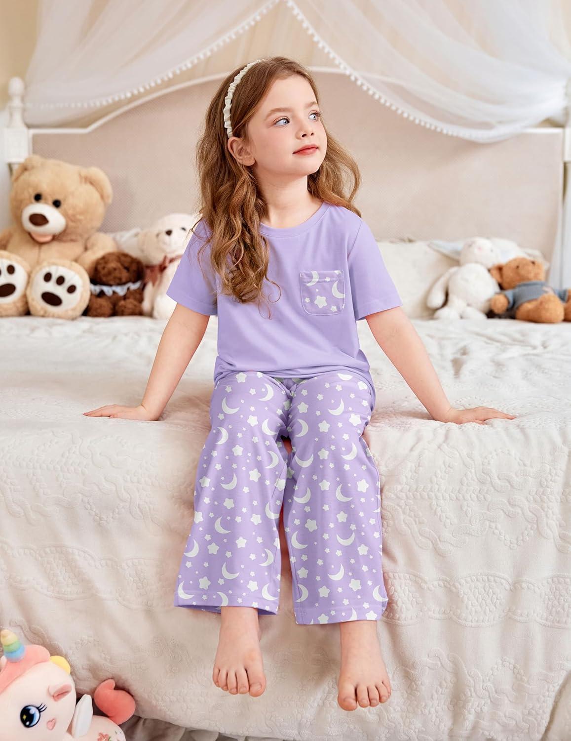imageArshiner Girls Sleepwear Short Sleeve Long Pants Pajamas Sets Soft Loungwear for KidsPurple Star