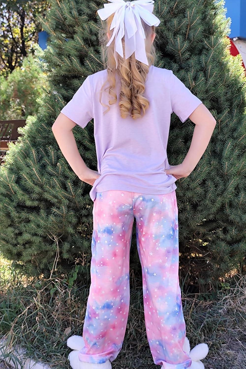 imageArshiner Girls Sleepwear Short Sleeve Long Pants Pajamas Sets Soft Loungwear for KidsPurple Tie Dye