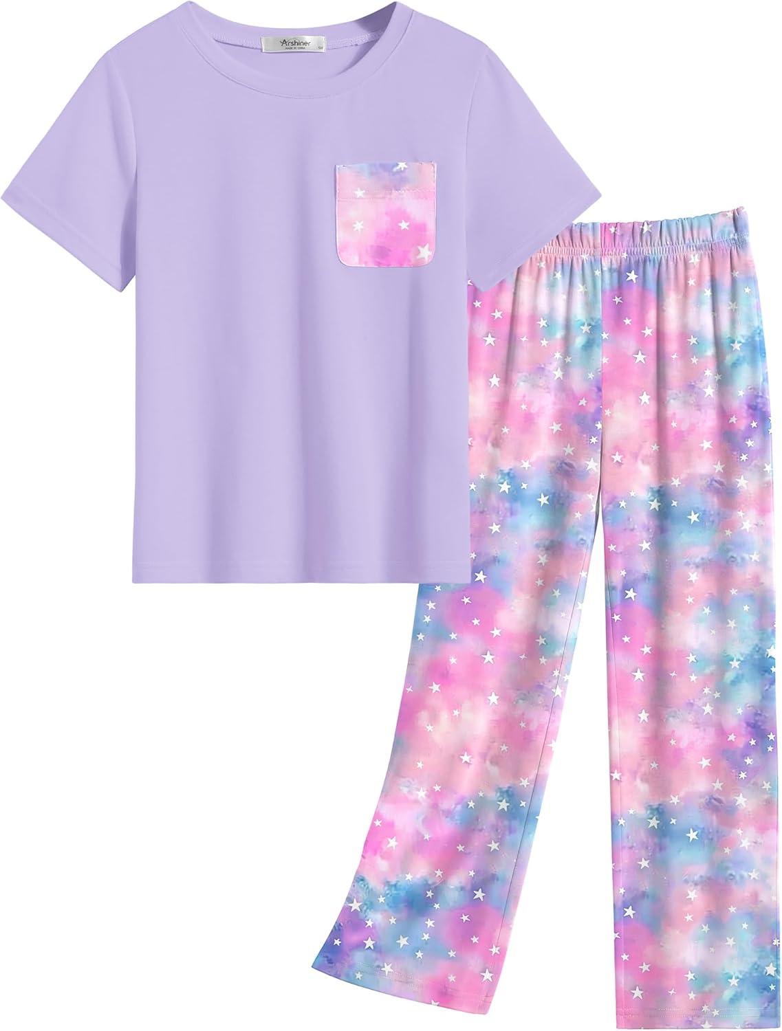 imageArshiner Girls Sleepwear Short Sleeve Long Pants Pajamas Sets Soft Loungwear for KidsPurple Tie Dye
