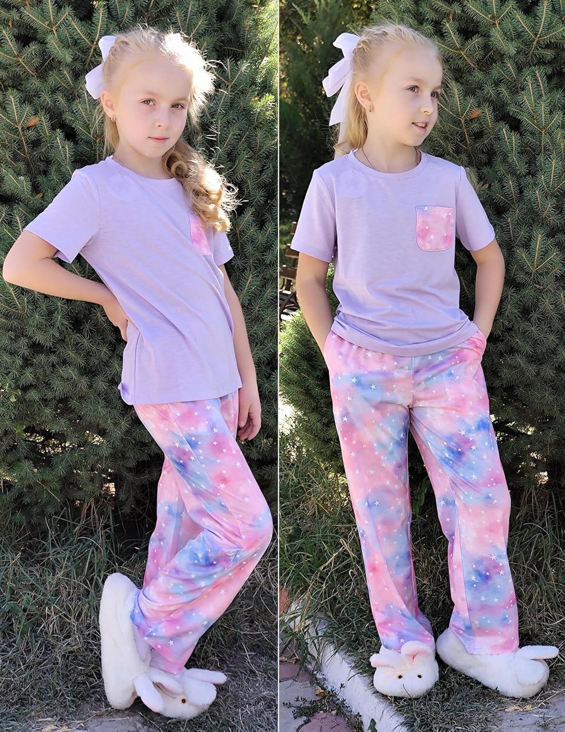 imageArshiner Girls Sleepwear Short Sleeve Long Pants Pajamas Sets Soft Loungwear for KidsPurple Tie Dye