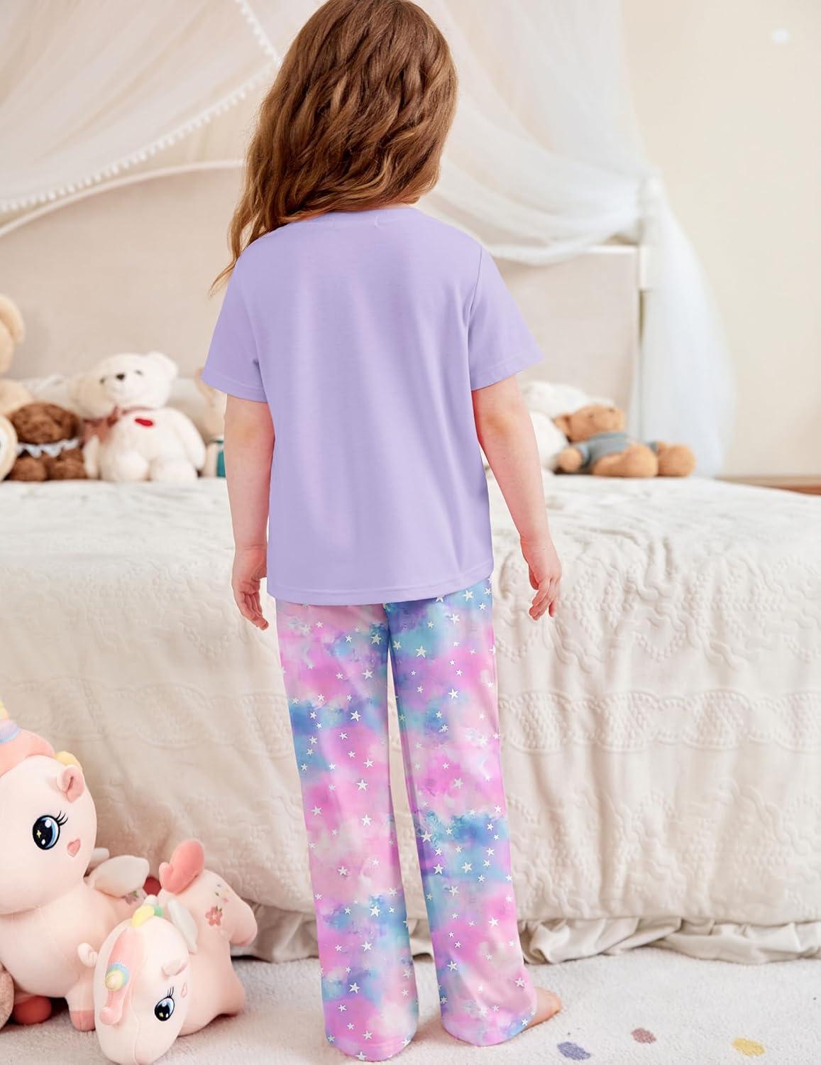 imageArshiner Girls Sleepwear Short Sleeve Long Pants Pajamas Sets Soft Loungwear for KidsPurple Tie Dye