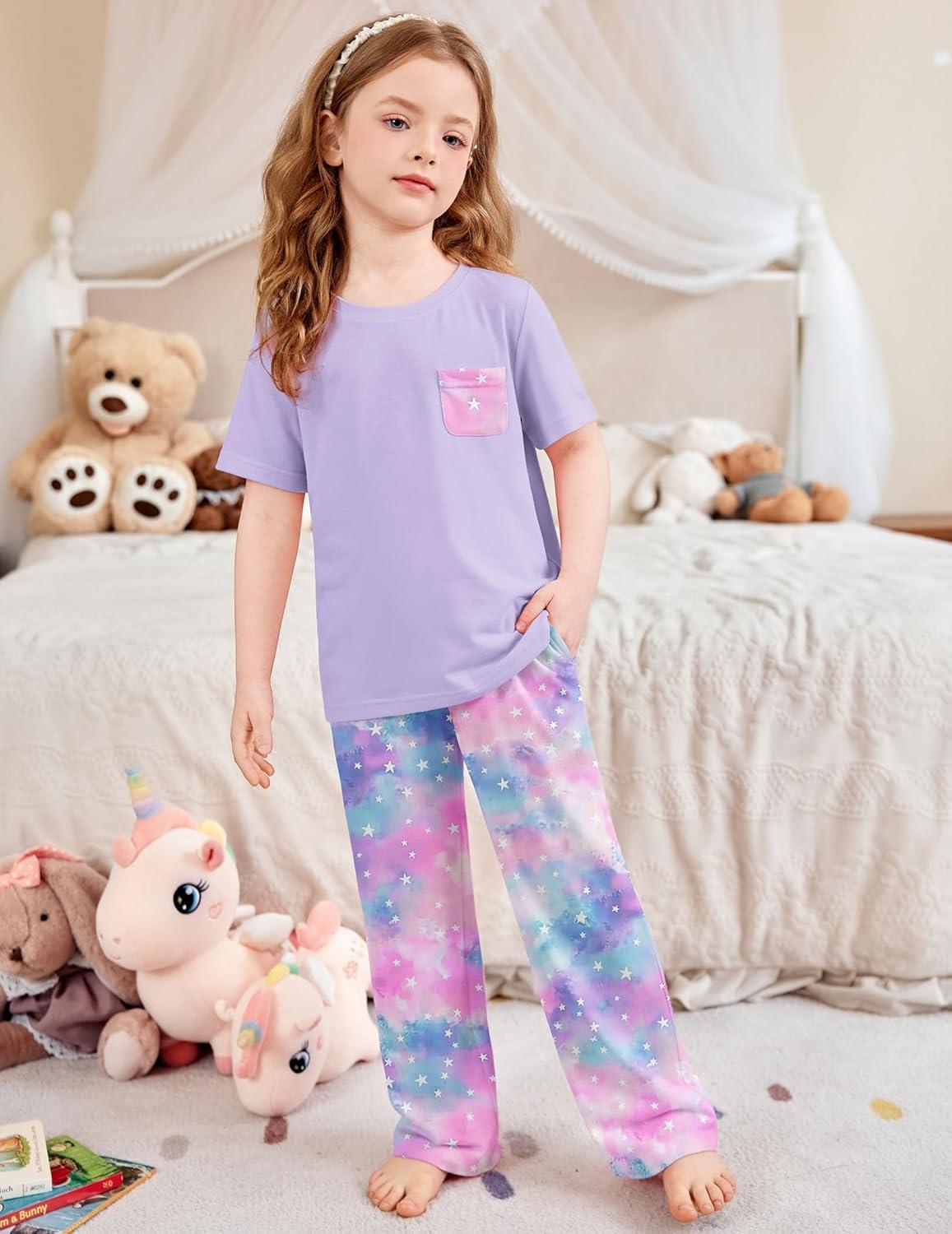imageArshiner Girls Sleepwear Short Sleeve Long Pants Pajamas Sets Soft Loungwear for KidsPurple Tie Dye
