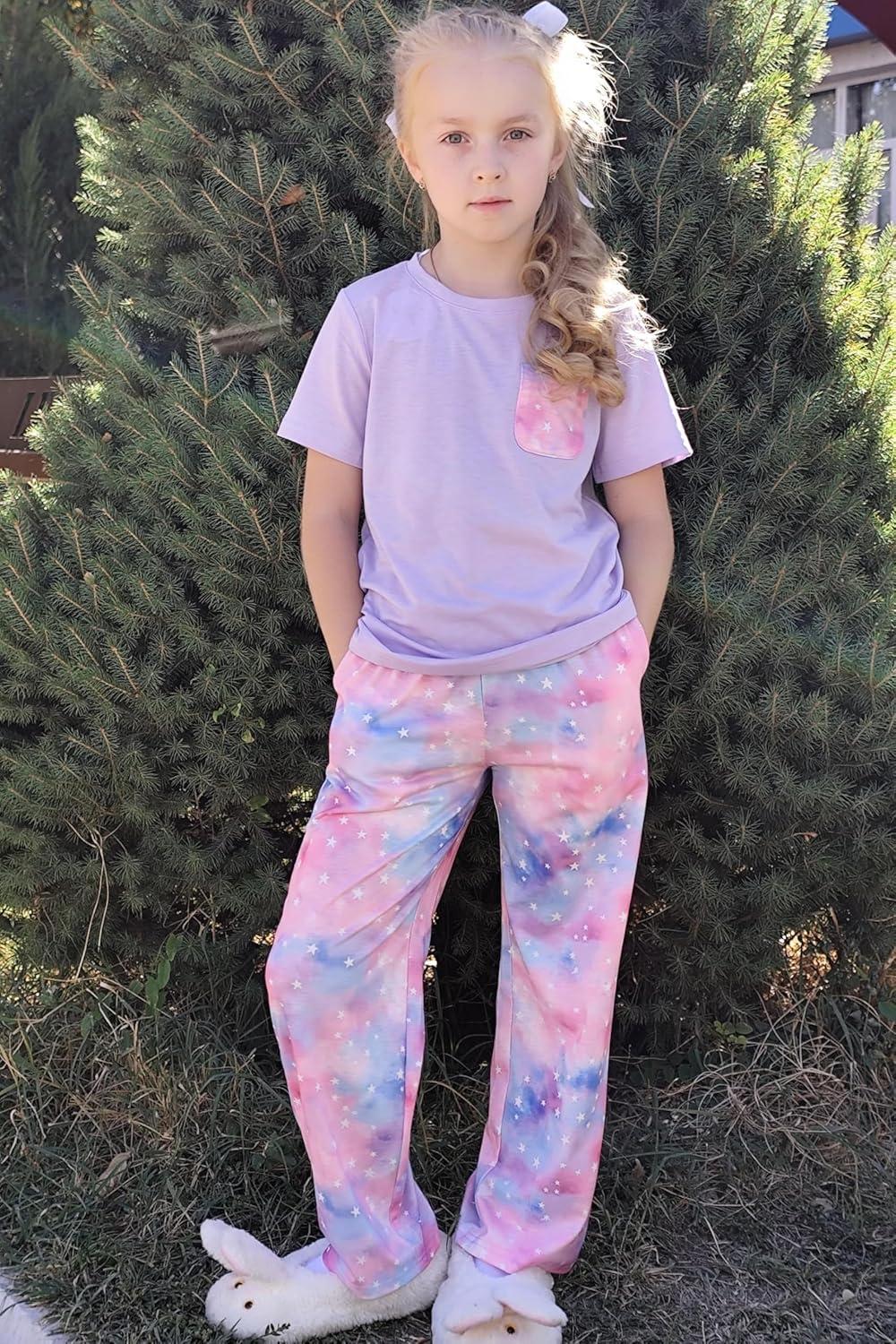 imageArshiner Girls Sleepwear Short Sleeve Long Pants Pajamas Sets Soft Loungwear for KidsPurple Tie Dye