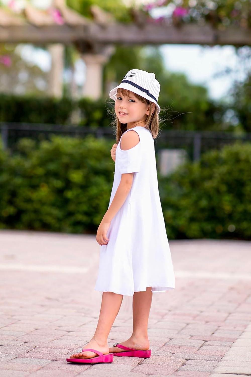 imageArshiner Girls Summer Dress Short Sleeve Cold Shoulder Solid Color Swing Casual Dresses with PocketsA White