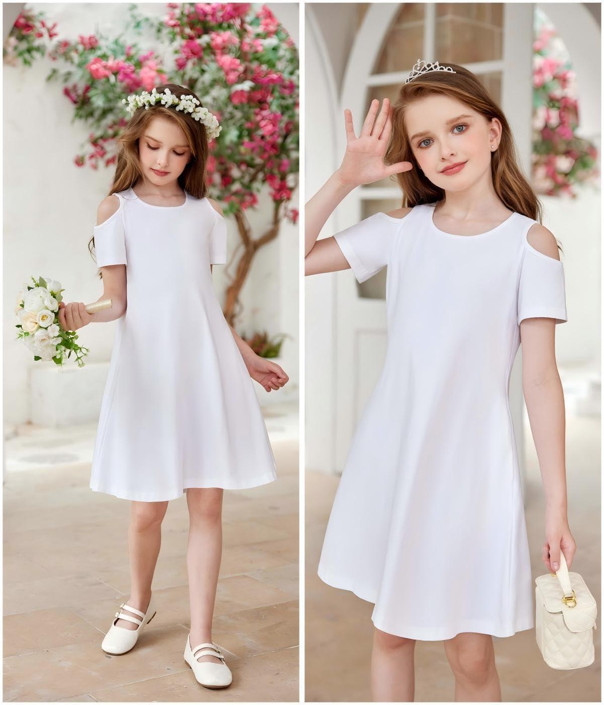 imageArshiner Girls Summer Dress Short Sleeve Cold Shoulder Solid Color Swing Casual Dresses with PocketsA White