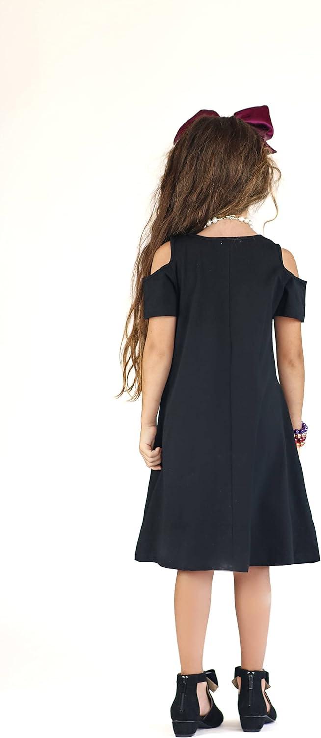imageArshiner Girls Summer Dress Short Sleeve Cold Shoulder Solid Color Swing Casual Dresses with PocketsBlack