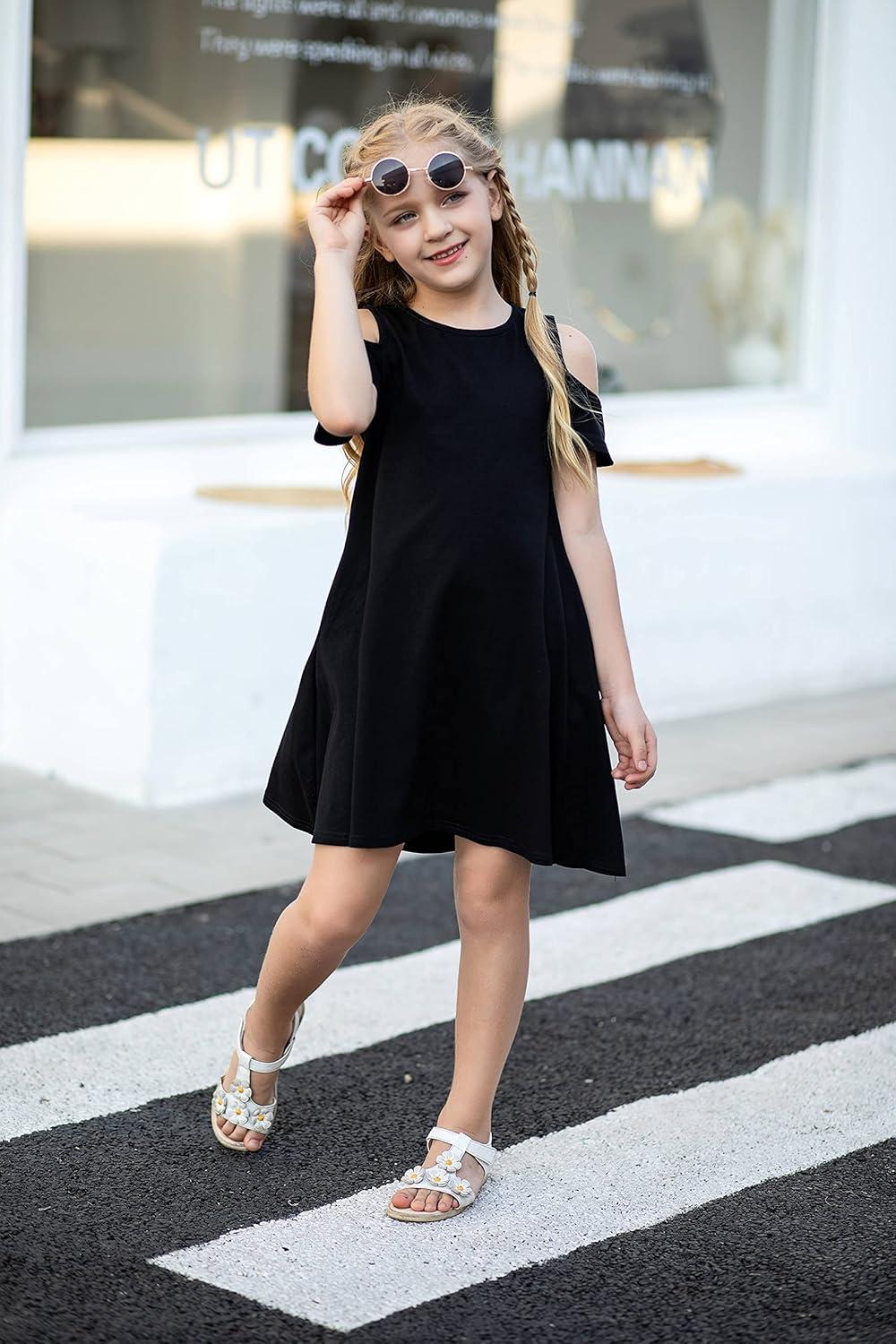 imageArshiner Girls Summer Dress Short Sleeve Cold Shoulder Solid Color Swing Casual Dresses with PocketsBlack