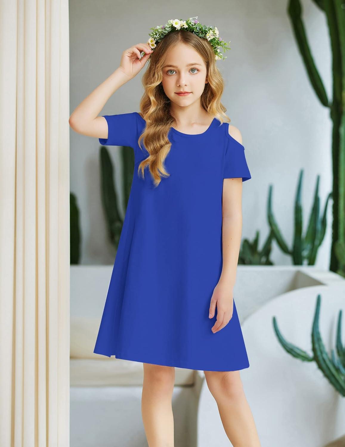 imageArshiner Girls Summer Dress Short Sleeve Cold Shoulder Solid Color Swing Casual Dresses with PocketsBlue