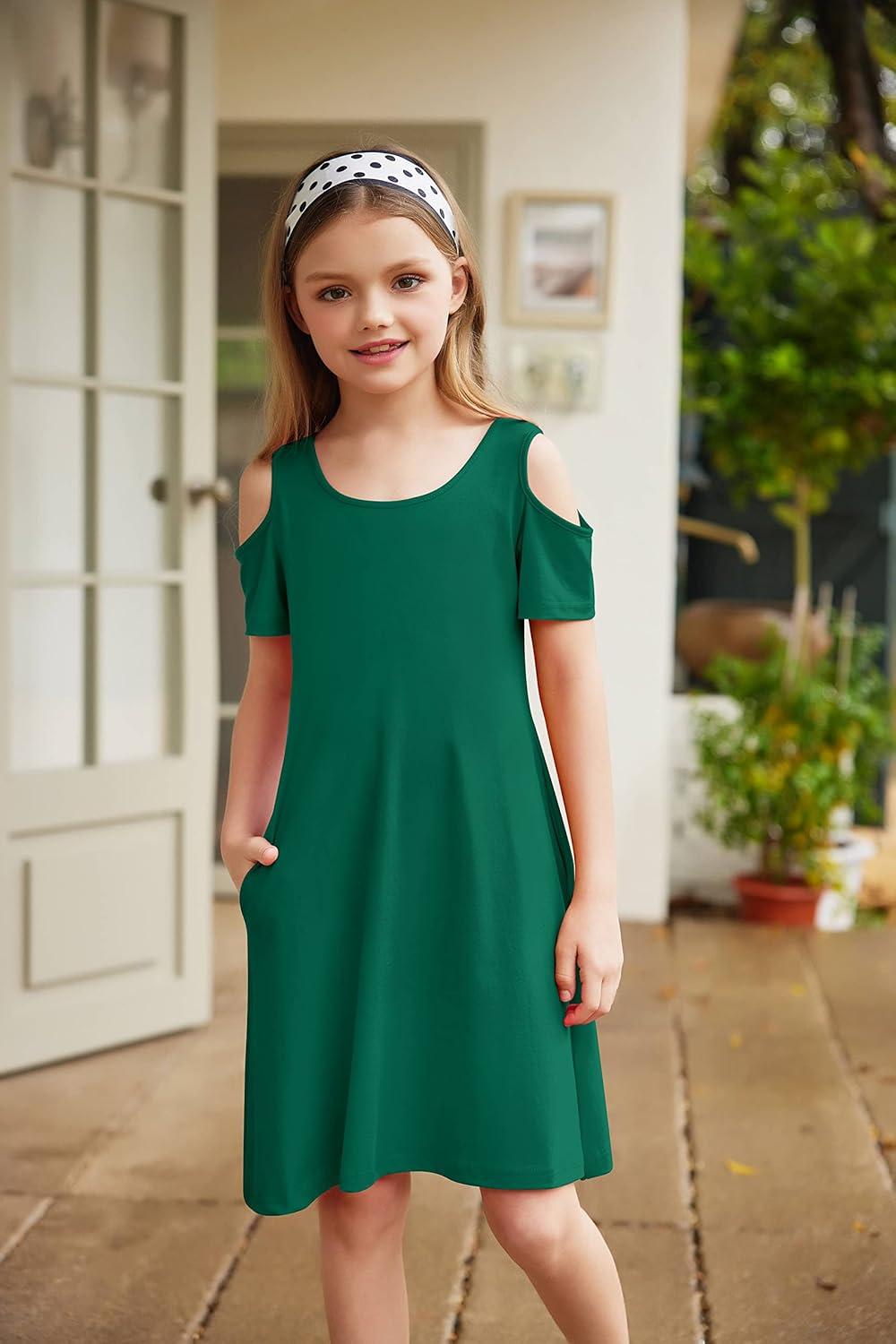 imageArshiner Girls Summer Dress Short Sleeve Cold Shoulder Solid Color Swing Casual Dresses with PocketsDark Green