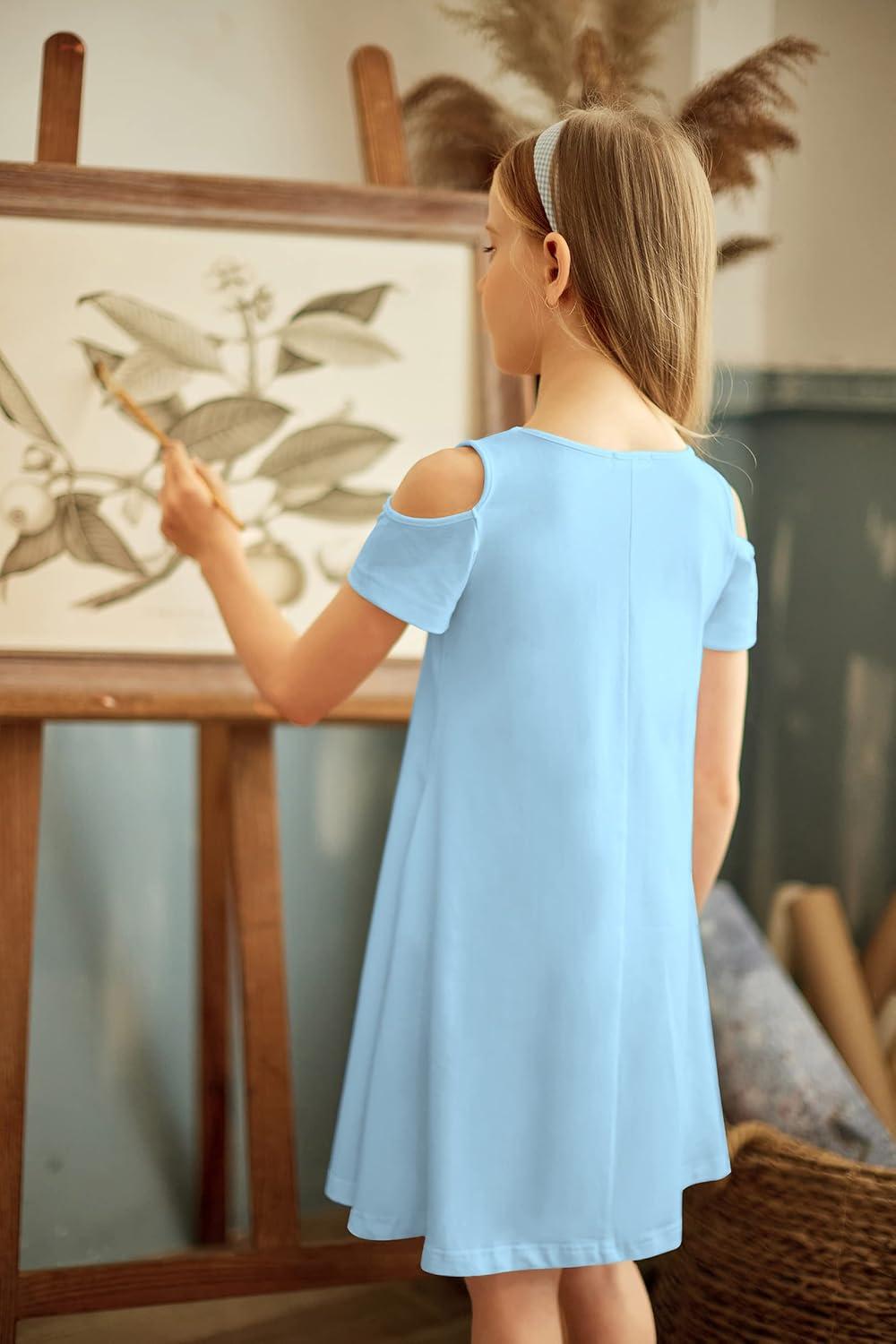 imageArshiner Girls Summer Dress Short Sleeve Cold Shoulder Solid Color Swing Casual Dresses with PocketsLight Blue