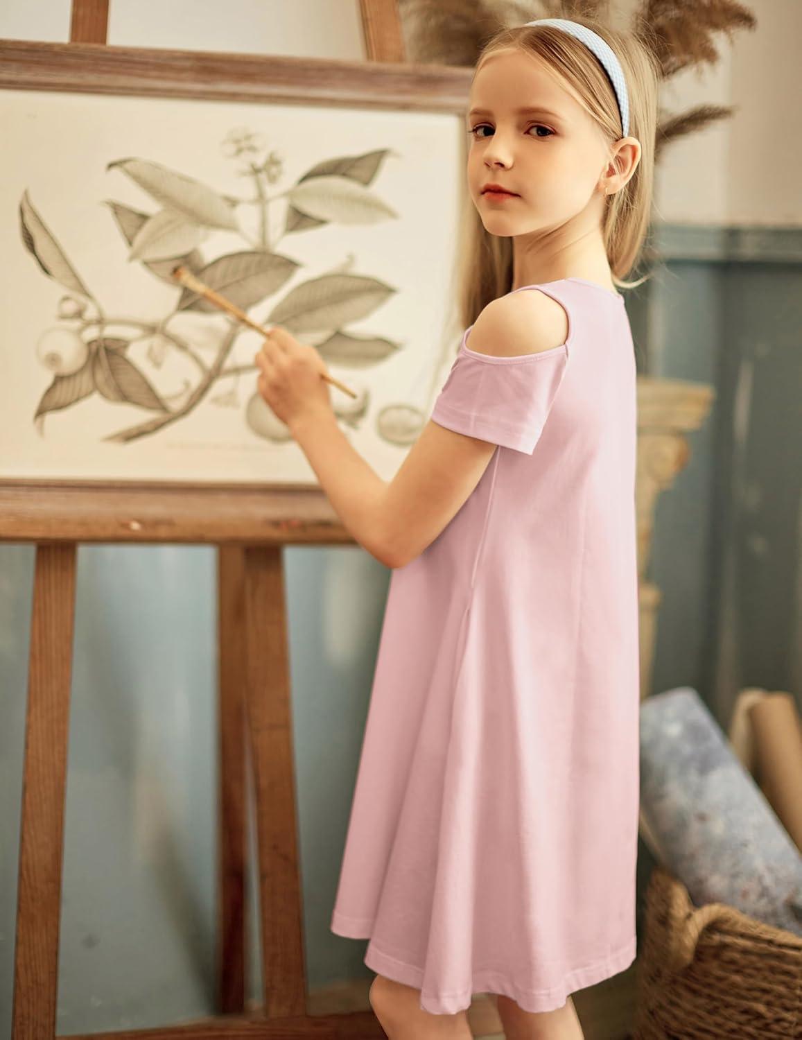 imageArshiner Girls Summer Dress Short Sleeve Cold Shoulder Solid Color Swing Casual Dresses with PocketsLight Pink