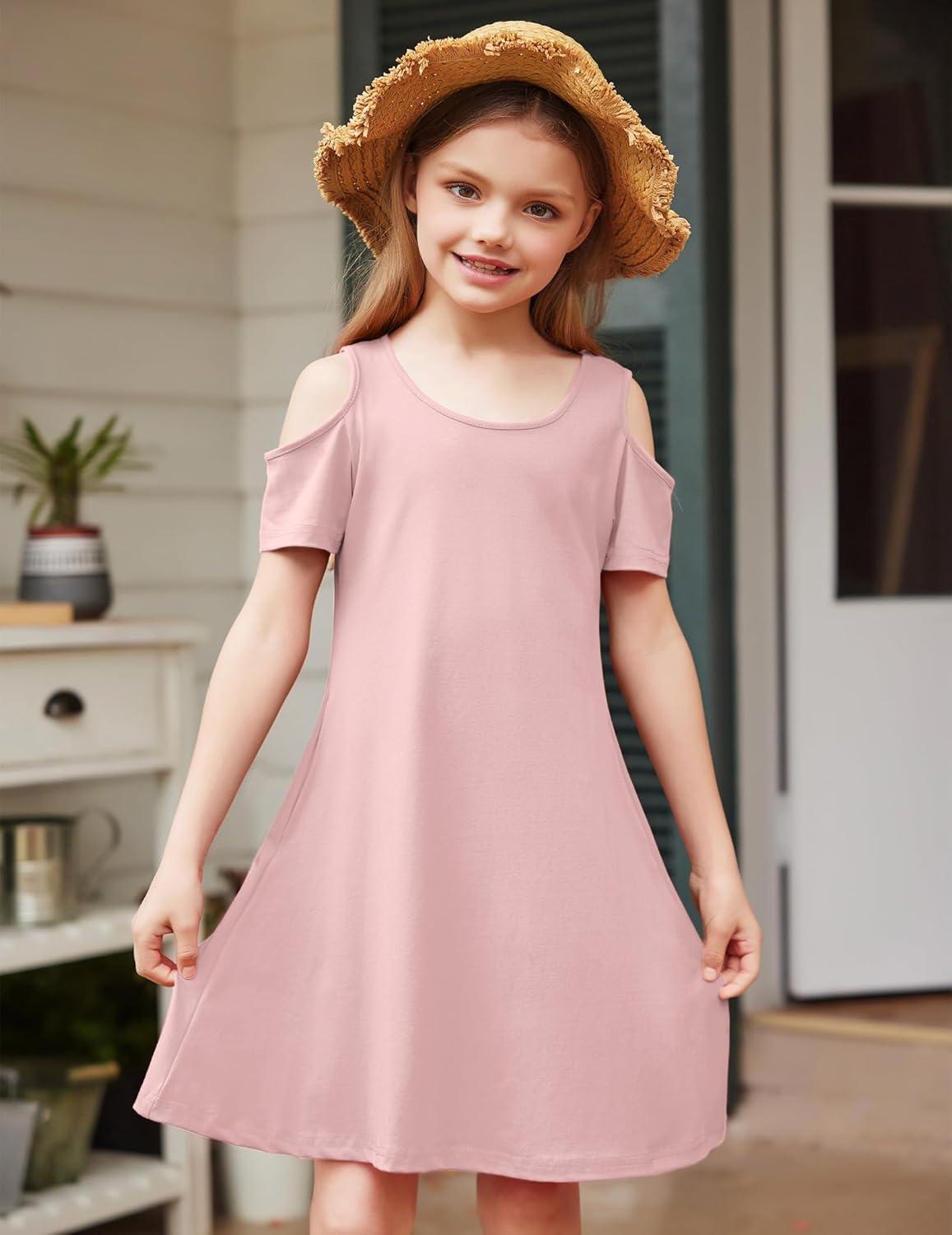 imageArshiner Girls Summer Dress Short Sleeve Cold Shoulder Solid Color Swing Casual Dresses with PocketsLight Pink