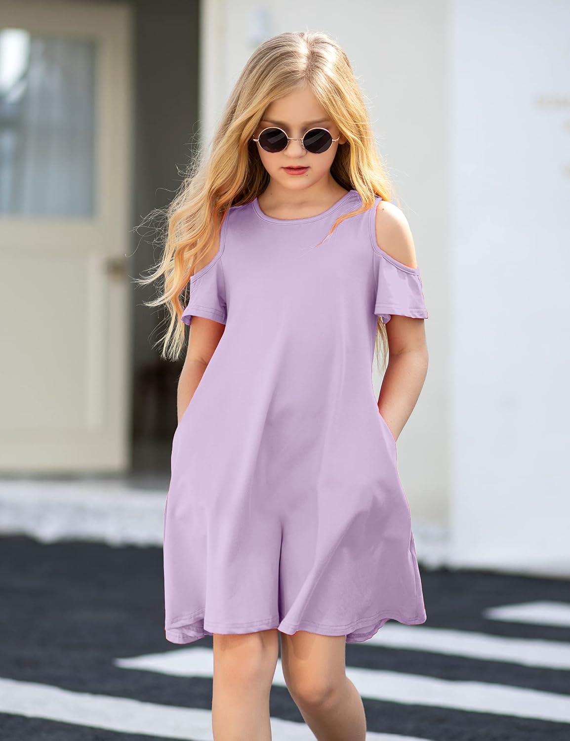 imageArshiner Girls Summer Dress Short Sleeve Cold Shoulder Solid Color Swing Casual Dresses with PocketsLilac